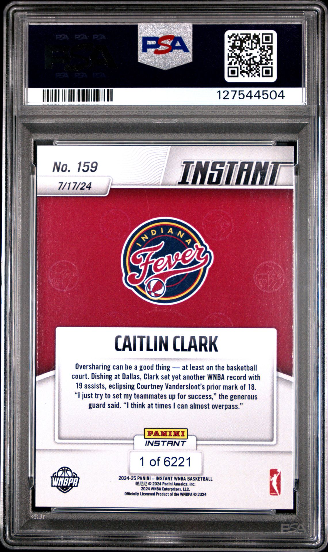2024 Panini Instant Wnba Caitlin Clark #159 Gem Mt 10 back
