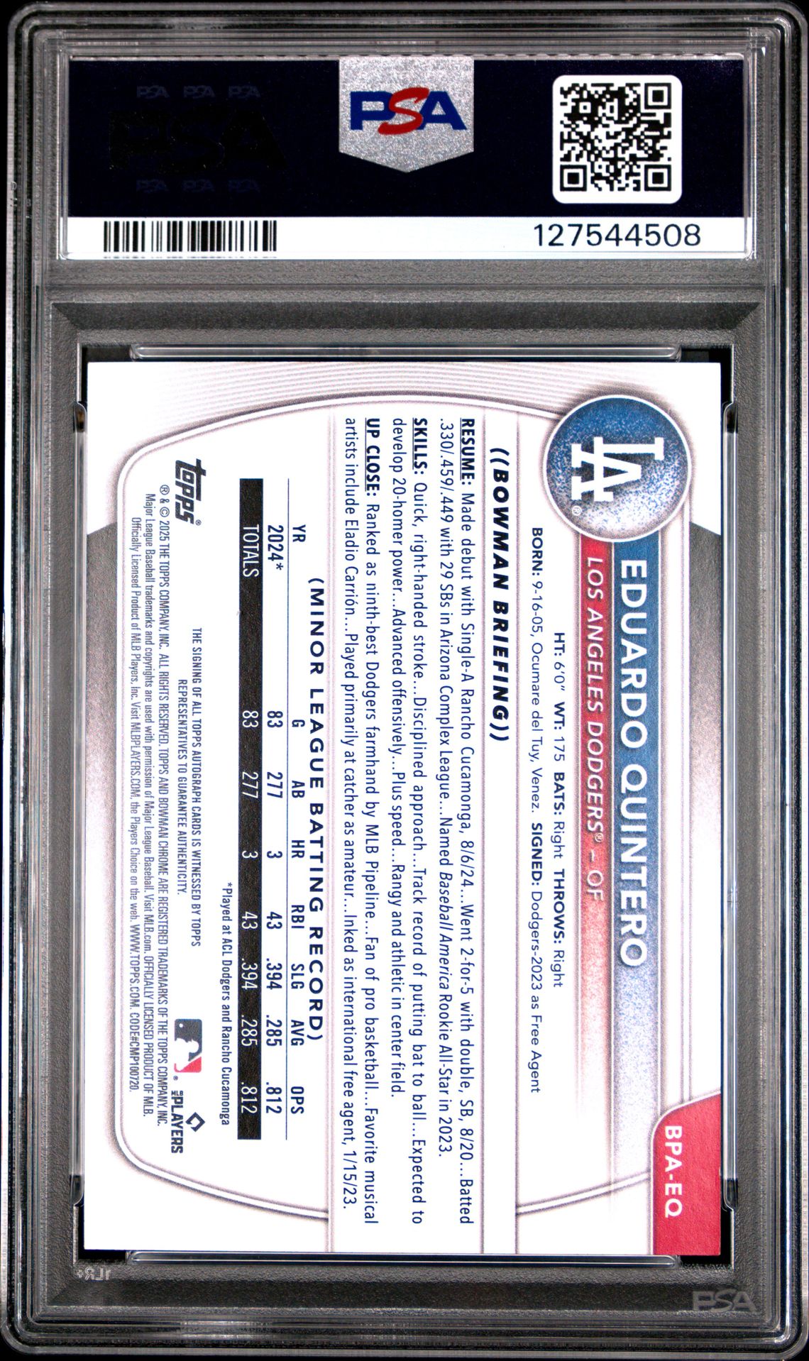 2025 Bowman Bowman Prospect Autographs Eduardo Quintero #Bpaeq Nm-Mt 8 back