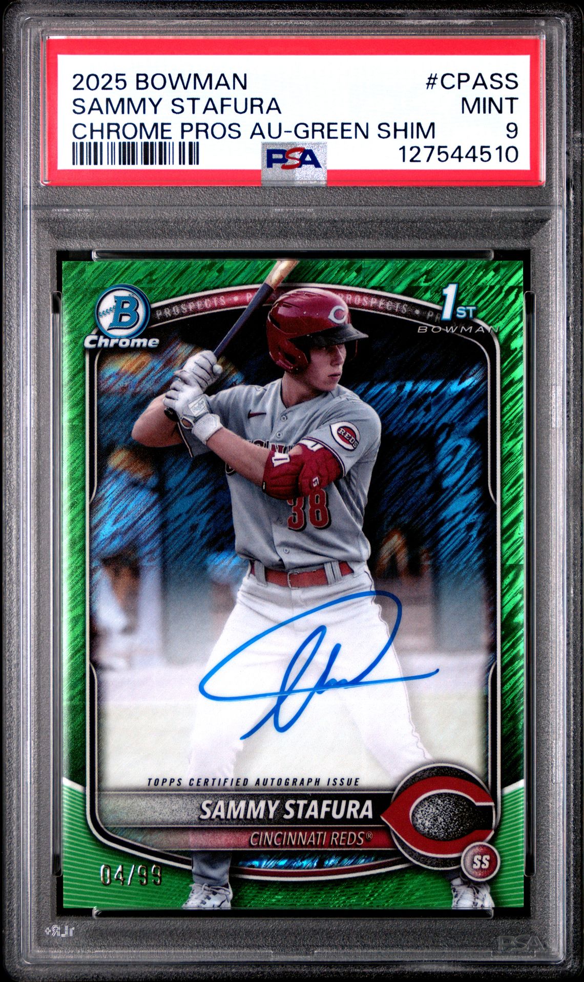 2025 Bowman Chrome Prospect Autographs Sammy Stafura #Cpass (Chrome Pros Au-Green Shim) Mint 9 front