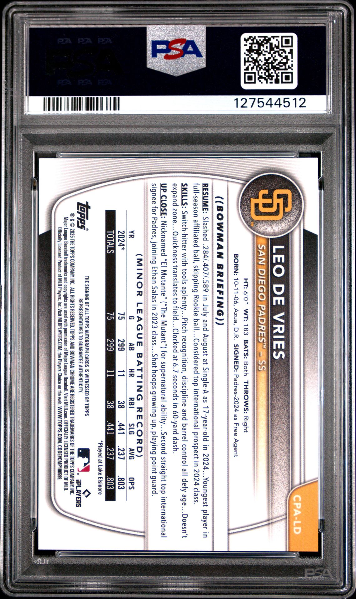 2025 Bowman Chrome Prospect Autographs Leo De Vries #Cpald (Chr Pros Au-Green Reptilian) Gem Mt 10 back