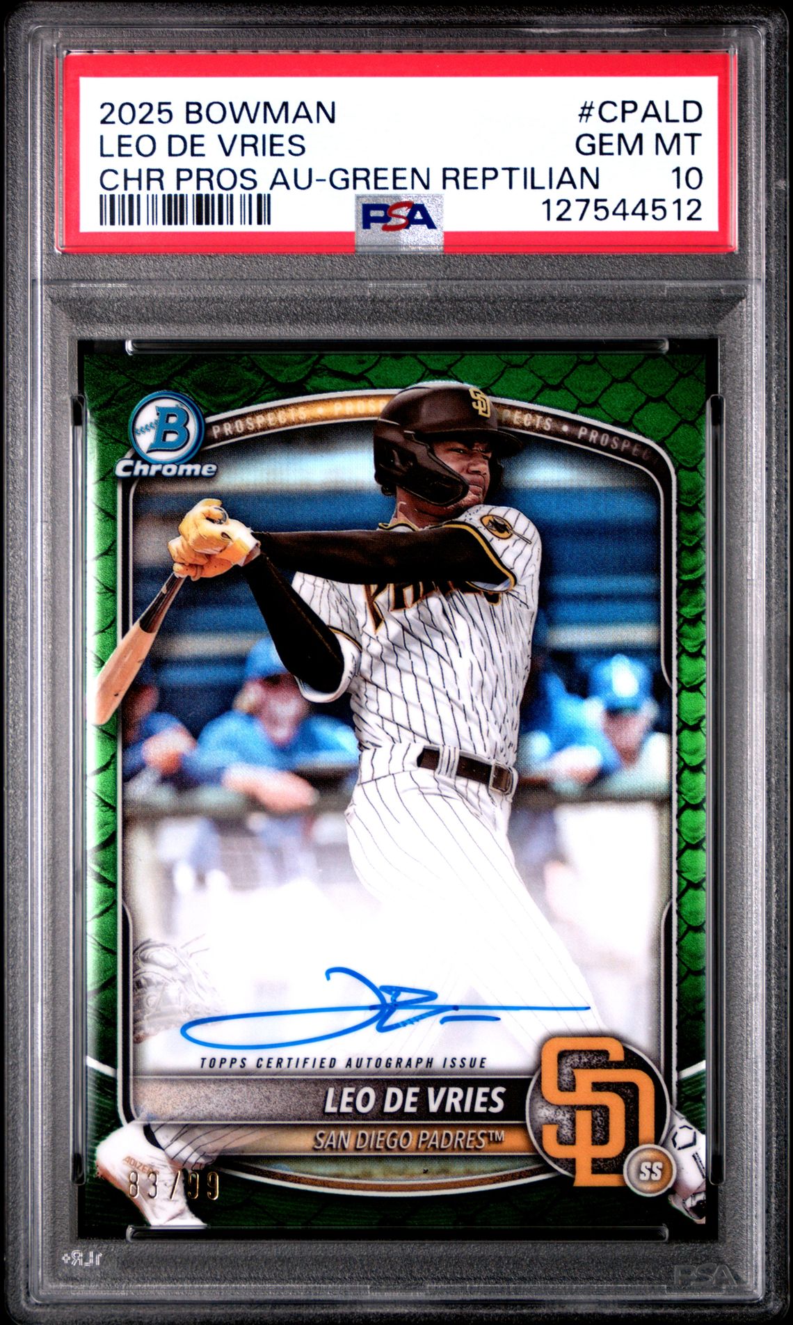 2025 Bowman Chrome Prospect Autographs Leo De Vries #Cpald (Chr Pros Au-Green Reptilian) Gem Mt 10 front