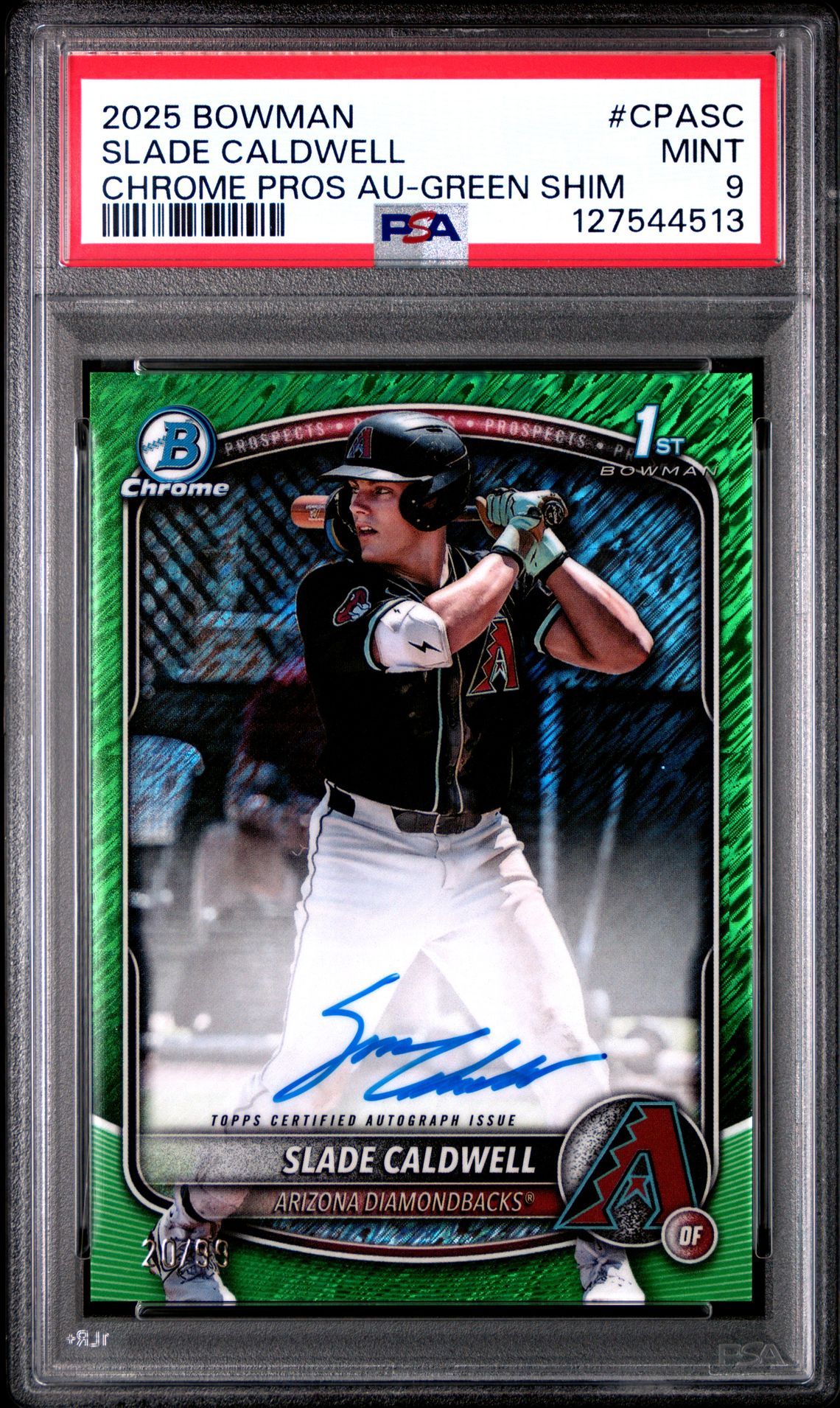 2025 Bowman Chrome Prospect Autographs Slade Caldwell #Cpasc (Chrome Pros Au-Green Shim) Mint 9 front