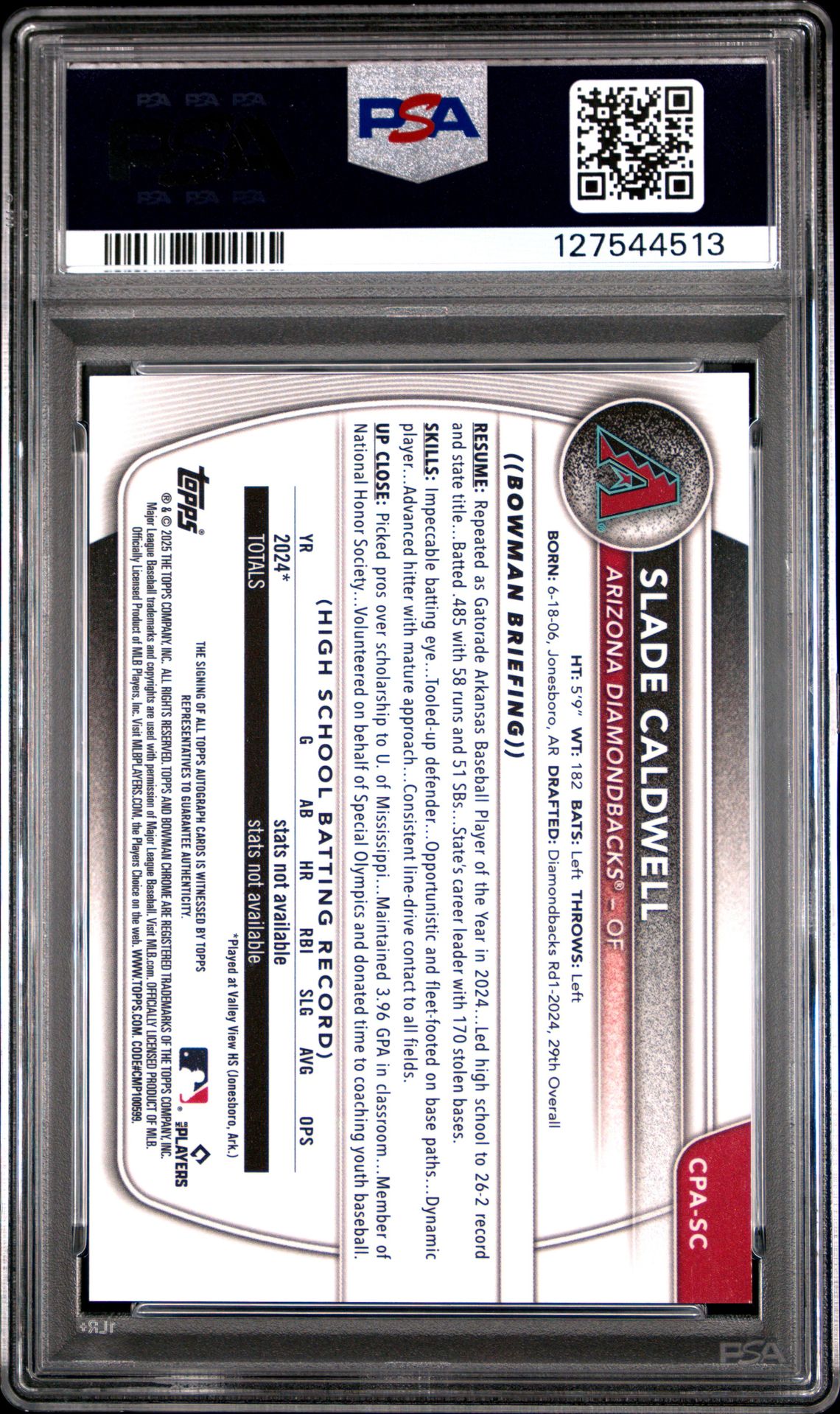 2025 Bowman Chrome Prospect Autographs Slade Caldwell #Cpasc (Chrome Pros Au-Green Shim) Mint 9 back