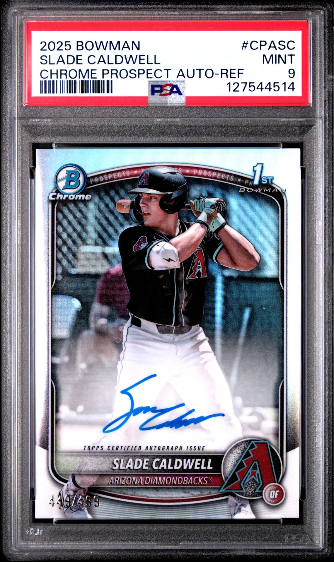 2025 Bowman Chrome Prospect Autographs Slade Caldwell #Cpasc (Chrome Prospect Auto-Ref) Mint 9 front