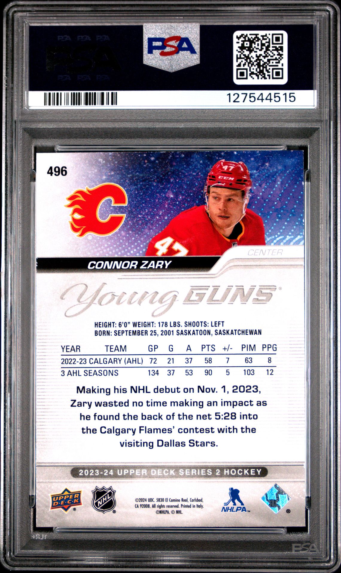 2023 Upper Deck Connor Zary #496 Mint 9 back