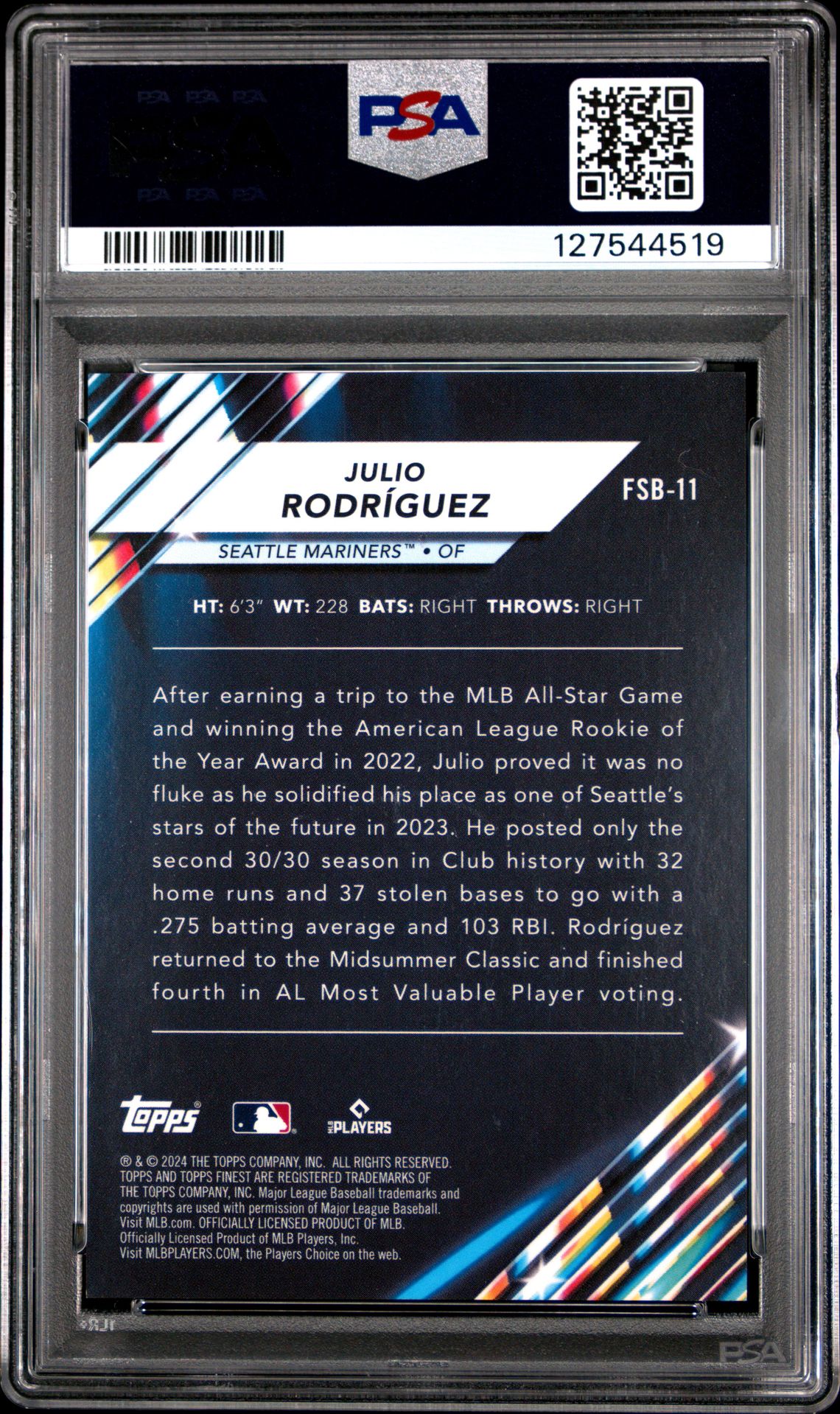 2024 Topps Finest Future So Bright Julio Rodriguez #Fsb11 (Future So Bright-Gold Ref) Mint 9 back