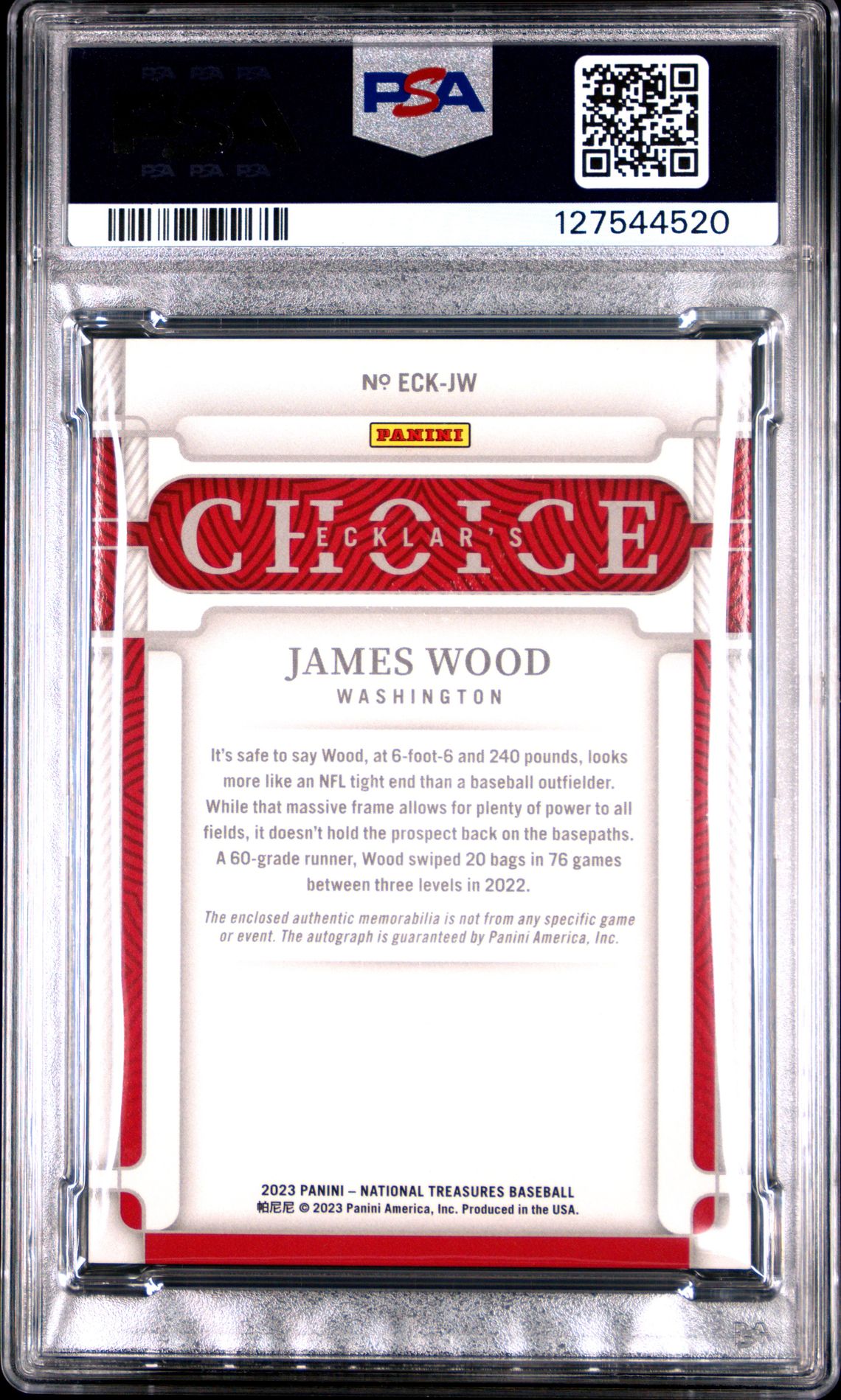 2023 Panini National Treasures Ecklar's Choice Autograph Relics James Wood #Jw (Ecklar's Choice Au Rl-Gold) Nm-Mt 8 back
