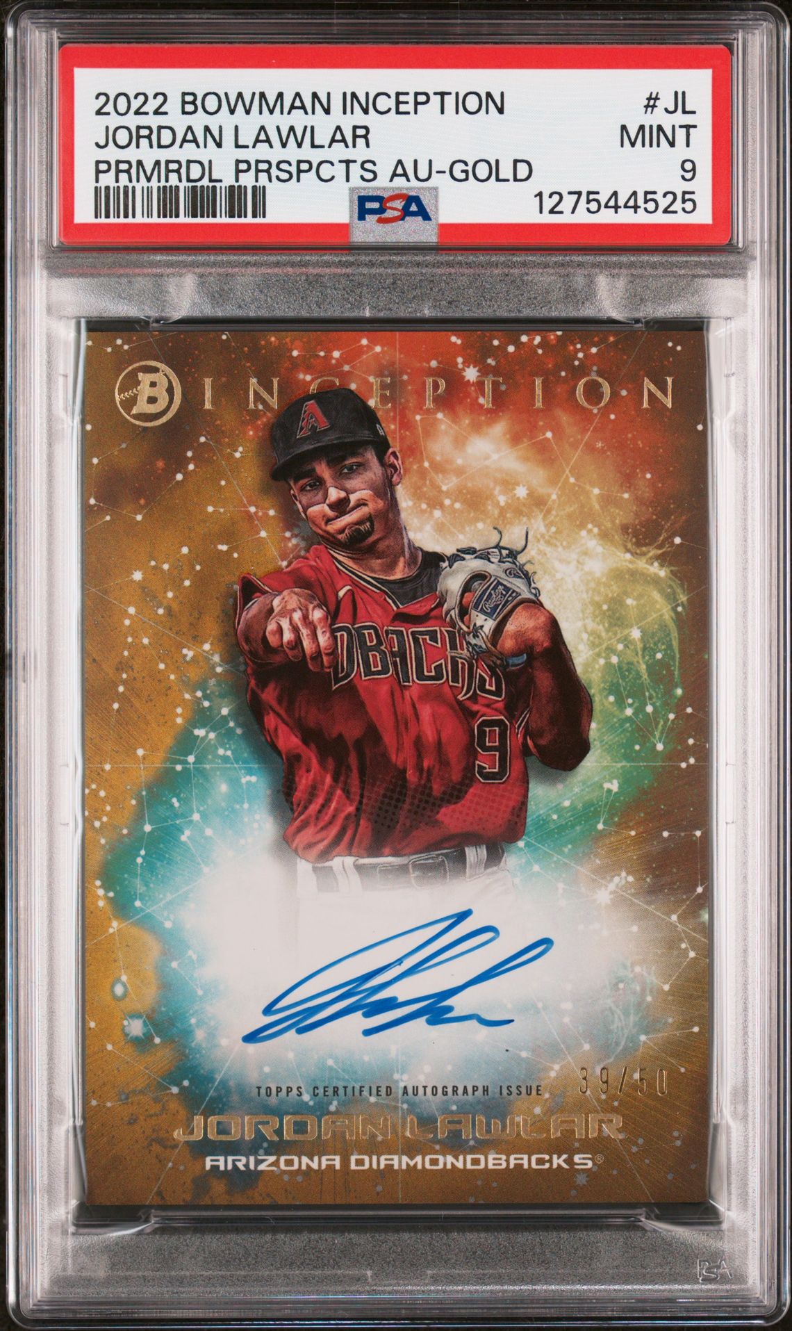2022 Bowman Inception Primordial Prospects Autographs Jordan Lawlar #Jl (Prmrdl Prspcts Au-Gold) Mint 9 front