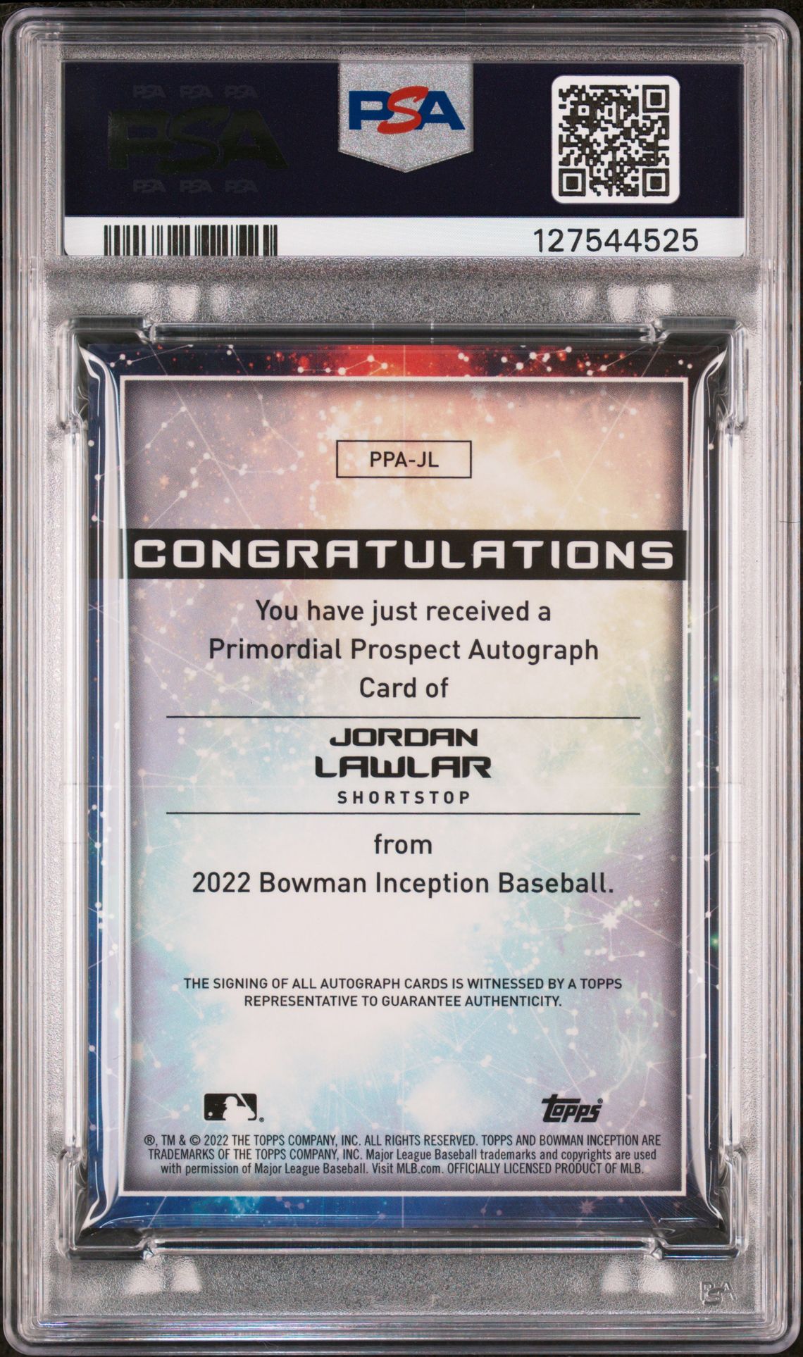 2022 Bowman Inception Primordial Prospects Autographs Jordan Lawlar #Jl (Prmrdl Prspcts Au-Gold) Mint 9 back