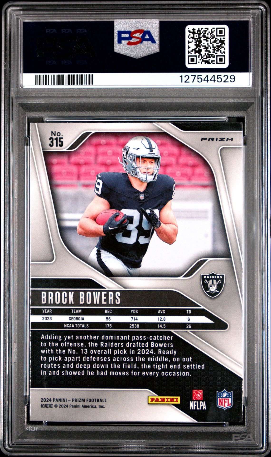2024 Panini Prizm Brock Bowers #315 (Red Sparkle) Mint 9 back