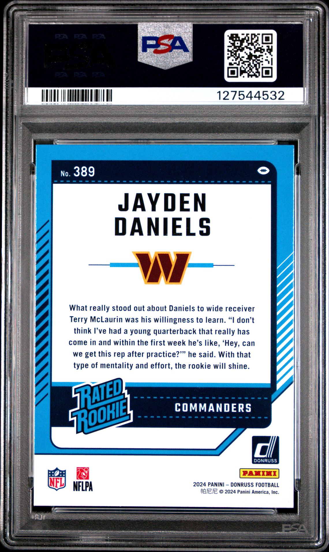 2024 Panini Donruss Jayden Daniels #389 (Press Proof Yellow) Mint 9 back