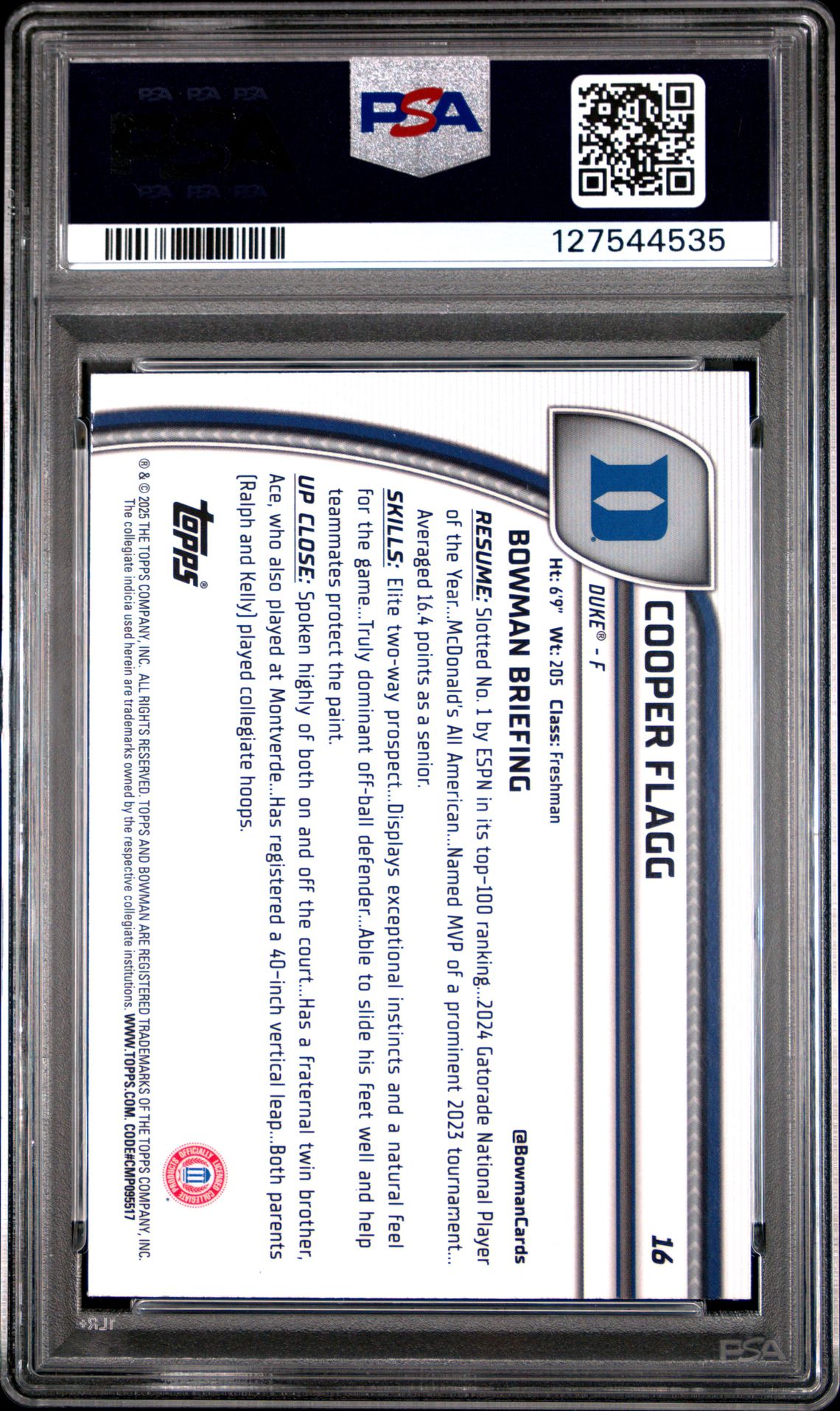 2024 Bowman Chrome University Cooper Flagg #16 (Purple Lava) Gem Mt 10 back