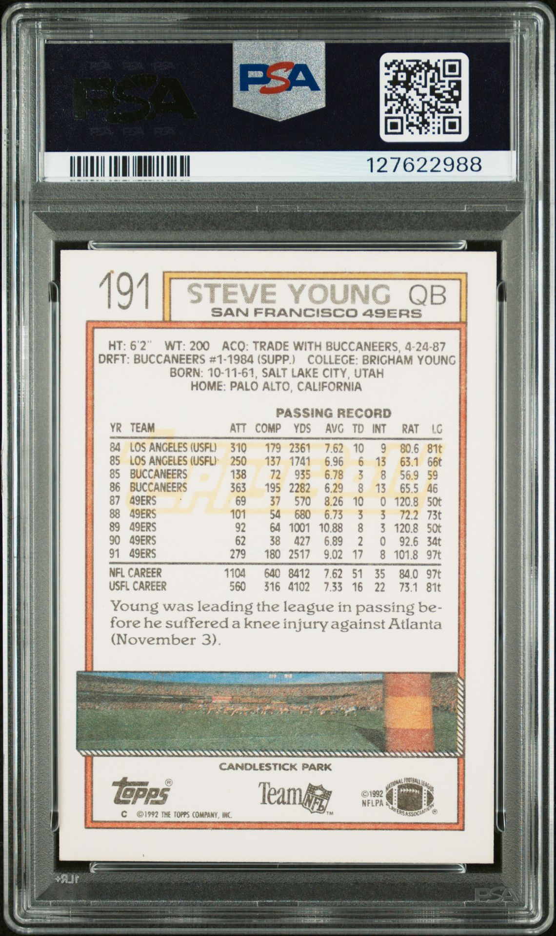 1992 Topps Gold Steve Young #191 N0: Authentic back