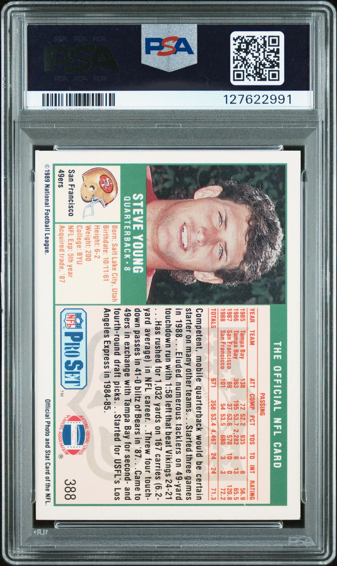 1989 Pro Set Steve Young #388 N0: Authentic back