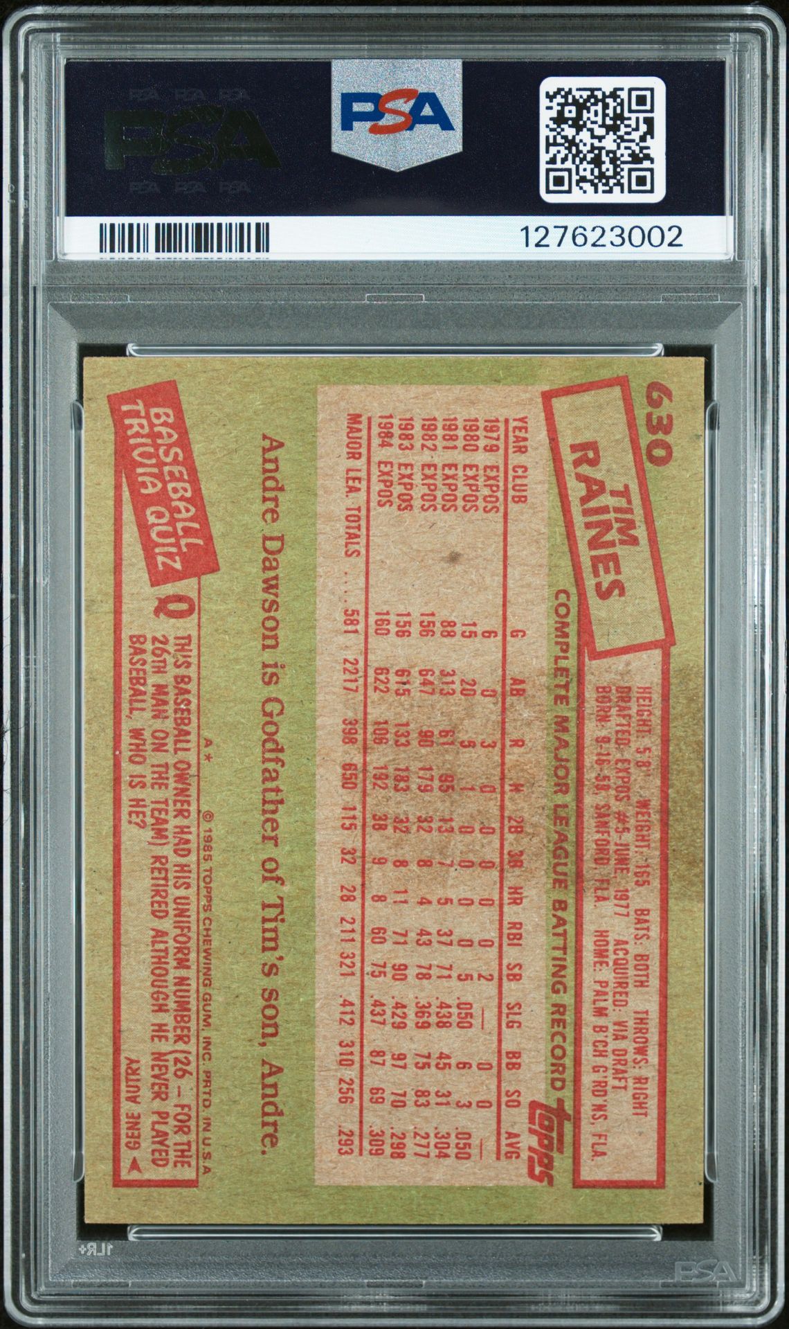 1985 Topps Tim Raines #630 N0: Authentic back