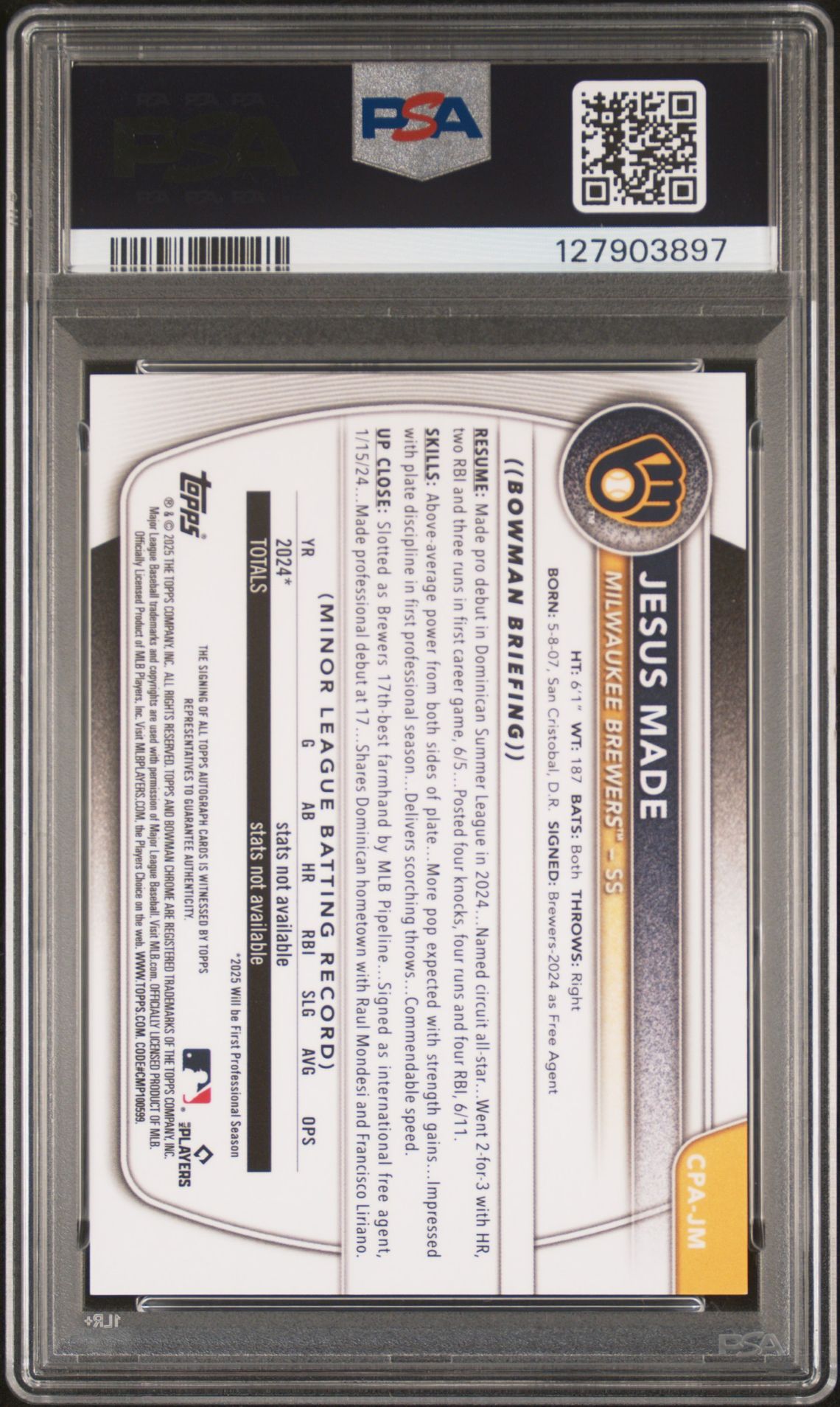 2025 Bowman Chrome Prospect Autographs Jesus Made #Cpajm (Chr Prospect Au-Green Ref) Mint 9 back