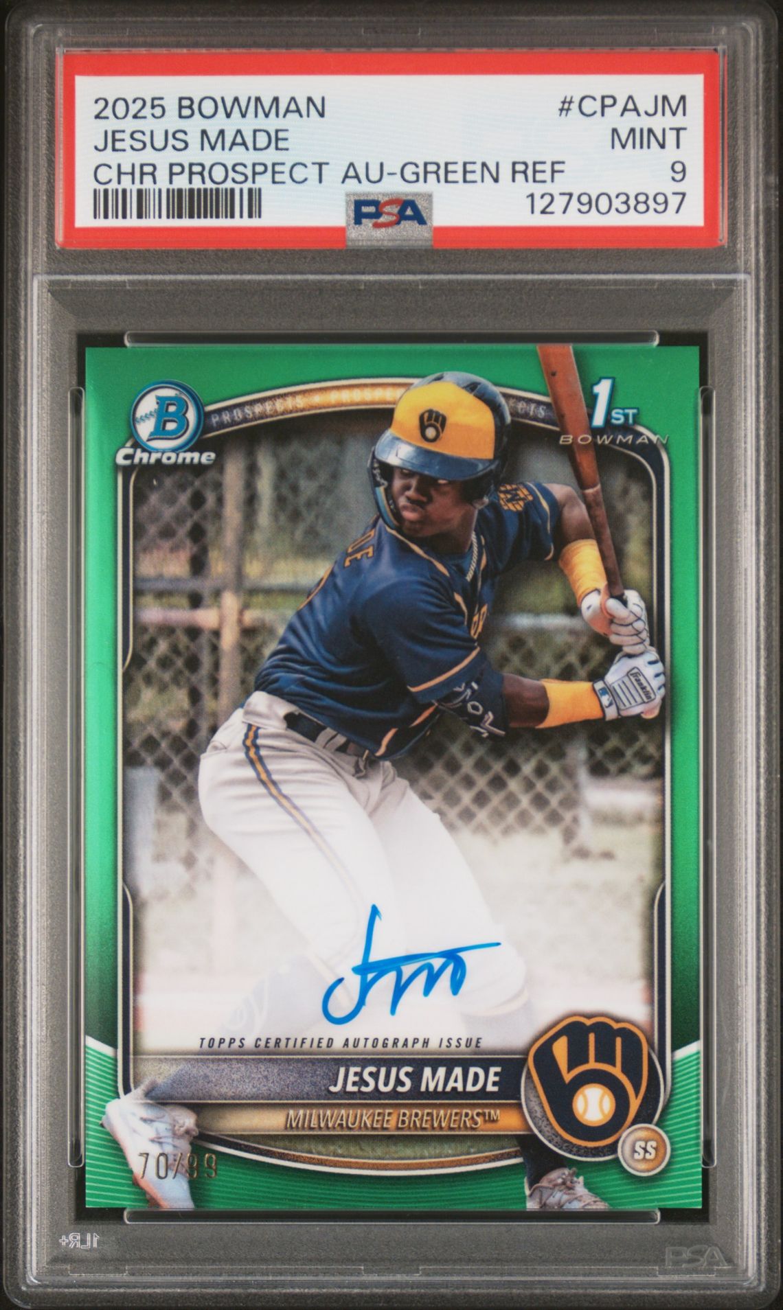 2025 Bowman Chrome Prospect Autographs Jesus Made #Cpajm (Chr Prospect Au-Green Ref) Mint 9 front