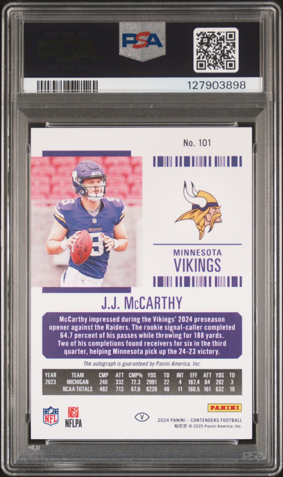2024 Panini Contenders Jj Mccarthy #101 (Variation-Autograph) Gem Mt 10 back