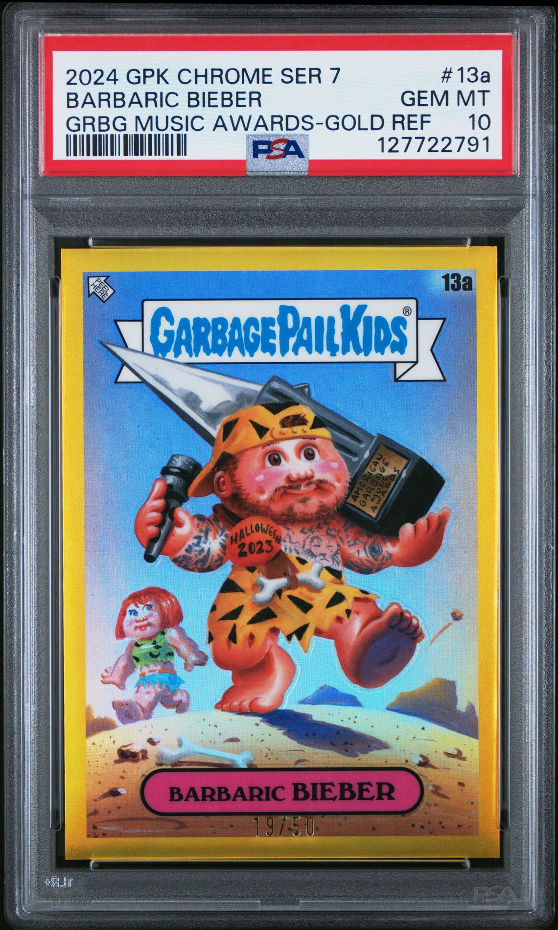 2024 Topps TOPPS CHROME GARBAGE PAIL KIDS ORIGINAL SERIES 7 GARBAGE PAIL MUSIC AWARDS Gold #13A Barbaric Bieber front
