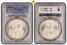 1953-Mo 5 Peso Hidalgo KM-468  Ag MS64