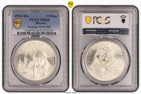 1953-Mo 5 Peso Bicentennial of Hidalgo KM-468  Ag MS64
