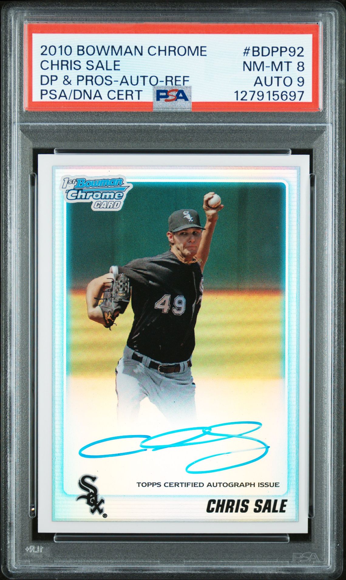 2010Brand/TitleBOWMAN CHROME DRAFT PICKS & PROSPECTSSubjectCHRIS SALECard NumberBDPP92CategoryBASEBALL CARDSVariety/PedigreeDP & PROS-AUTO-REFCertificationPrimary Signer (1 Signer)CHRIS SALESet RegistryThis cert does not appear in any sets.Note: If you believe the label on your cert or the item information listed above appears to be incorrect, please file a Label Correction Request through the Customer Request Center.CompanyAbout UsPSA CareersPress & MediaAppsResourcesPSA SalesAdvertise With UsForumsArticlesAffiliatesCollectorsCard LadderLong Beach ExpoPSA JapanPrivacy & TermsPrivacyYour Privacy ChoicesPSA GuaranteeTerms & ConditionsSupportHelp & SupportRequest CenterFind My PackageFAQ© 2026 Collectors Holdings, Inc. All rights reserved.United States (English)requestAnimationFrame(function(){$RT=performance.now()});SearchBaseball Cards2010 Bowman Chrome Draft Picks & ProspectsChris Sale #bdpp92Cert #127915697$RB=[];$RV=function(a){$RT=performance.now();for(var b=0;b<a.length;b+=2){var c=a[b],e=a[b+1];null!==e.parentNode&&e.parentNode.removeChild(e);var f=c.parentNode;if(f){var g=c.previousSibling,h=0;do{if(c&&8===c.nodeType){var d=c.data;if("/$"===d||"/&"===d)if(0===h)break;else h--;else"$"!==d&&"$?"!==d&&"$~"!==d&&"$!"!==d&&"&"!==d||h++}d=c.nextSibling;f.removeChild(c);c=d}while(c);for(;e.firstChild;)f.insertBefore(e.firstChild,c);g.data="$";g._reactRetry&&requestAnimationFrame(g._reactRetry)}}a.length=0}; Bowman BOWMAN CHROME DRAFT PICKS & PROSPECTSSubjectCHRIS SALECard NumberBDPP92CategoryBASEBALL CARDSVariety/PedigreeDP & PROS-AUTO-REFCertificationPrimary Signer (1 Signer)CHRIS SALESet RegistryThis cert does not appear in any sets.Note: If you believe the label on your cert or the item information listed above appears to be incorrect, please file a Label Correction Request through the Customer Request Center.CompanyAbout UsPSA CareersPress & MediaAppsResourcesPSA SalesAdvertise With UsForumsArticlesAffiliatesCollectorsCard LadderLong Beach ExpoPSA JapanPrivacy & TermsPrivacyYour Privacy ChoicesPSA GuaranteeTerms & ConditionsSupportHelp & SupportRequest CenterFind My PackageFAQ© 2026 Collectors Holdings, Inc. All rights reserved.United States (English)requestAnimationFrame(function(){$RT=performance.now()});SearchBaseball Cards2010 Bowman Chrome Draft Picks & ProspectsChris Sale #bdpp92Cert #127915697$RB=[];$RV=function(a){$RT=performance.now();for(var b=0;b<a.length;b+=2){var c=a[b],e=a[b+1];null!==e.parentNode&&e.parentNode.removeChild(e);var f=c.parentNode;if(f){var g=c.previousSibling,h=0;do{if(c&&8===c.nodeType){var d=c.data;if("/$"===d||"/&"===d)if(0===h)break;else h--;else"$"!==d&&"$?"!==d&&"$~"!==d&&"$!"!==d&&"&"!==d||h++}d=c.nextSibling;f.removeChild(c);c=d}while(c);for(;e.firstChild;)f.insertBefore(e.firstChild,c);g.data="$";g._reactRetry&&requestAnimationFrame(g._reactRetry)}}a.length=0}; Refractor #BDPP92CategoryBASEBALL CARDSVariety/PedigreeDP & PROS-AUTO-REFCertificationPrimary Signer (1 Signer)CHRIS SALESet RegistryThis cert does not appear in any sets.Note: If you believe the label on your cert or the item information listed above appears to be incorrect, please file a Label Correction Request through the Customer Request Center.CompanyAbout UsPSA CareersPress & MediaAppsResourcesPSA SalesAdvertise With UsForumsArticlesAffiliatesCollectorsCard LadderLong Beach ExpoPSA JapanPrivacy & TermsPrivacyYour Privacy ChoicesPSA GuaranteeTerms & ConditionsSupportHelp & SupportRequest CenterFind My PackageFAQ© 2026 Collectors Holdings, Inc. All rights reserved.United States (English)requestAnimationFrame(function(){$RT=performance.now()});SearchBaseball Cards2010 Bowman Chrome Draft Picks & ProspectsChris Sale #bdpp92Cert #127915697$RB=[];$RV=function(a){$RT=performance.now();for(var b=0;b<a.length;b+=2){var c=a[b],e=a[b+1];null!==e.parentNode&&e.parentNode.removeChild(e);var f=c.parentNode;if(f){var g=c.previousSibling,h=0;do{if(c&&8===c.nodeType){var d=c.data;if("/$"===d||"/&"===d)if(0===h)break;else h--;else"$"!==d&&"$?"!==d&&"$~"!==d&&"$!"!==d&&"&"!==d||h++}d=c.nextSibling;f.removeChild(c);c=d}while(c);for(;e.firstChild;)f.insertBefore(e.firstChild,c);g.data="$";g._reactRetry&&requestAnimationFrame(g._reactRetry)}}a.length=0}; Chris Sale front