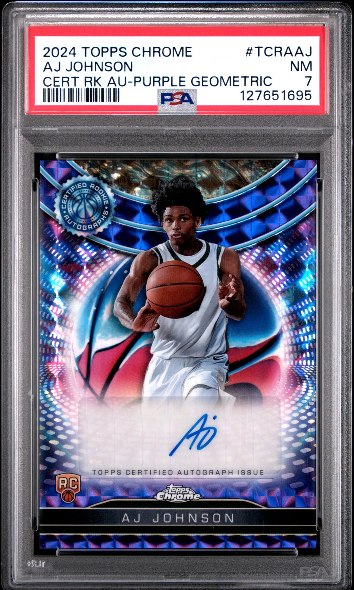 2024 Topps Chrome TOPPS CHROME CERTIFIED ROOKIE AUTOGRAPHS CERT RK AU-PURPLE GEOMETRIC #TCRAAJ Aj Johnson front