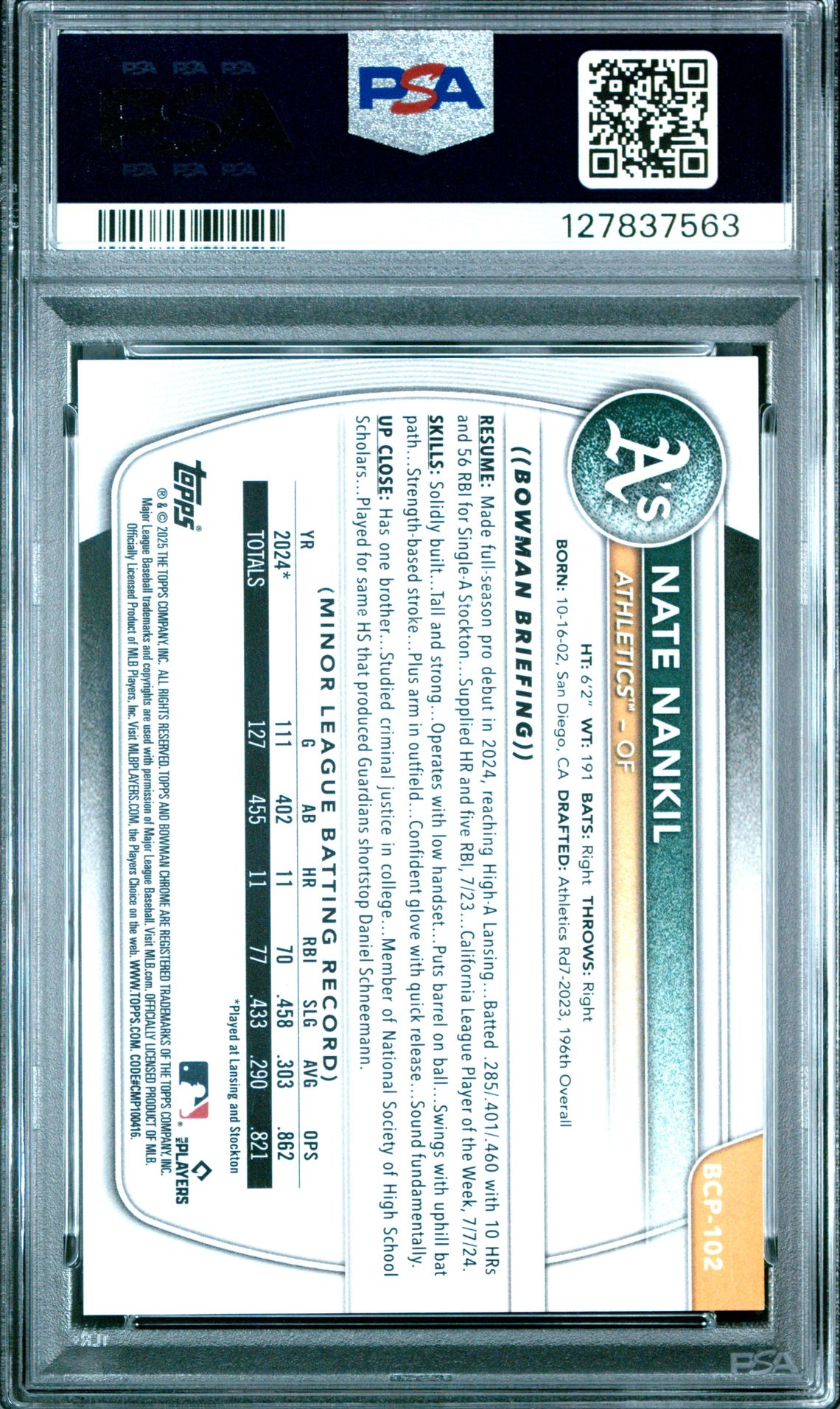 2025 Bowman Chrome Prospects Nate Nankil #Bcp102 (Chr Pros-Orange Geometric) Gem Mt 10 back