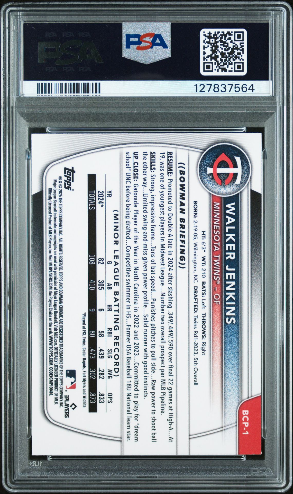 2025 Bowman Chrome Prospects Walker Jenkins #Bcp1 (Chr Pros-Purple Geometric) Gem Mt 10 back