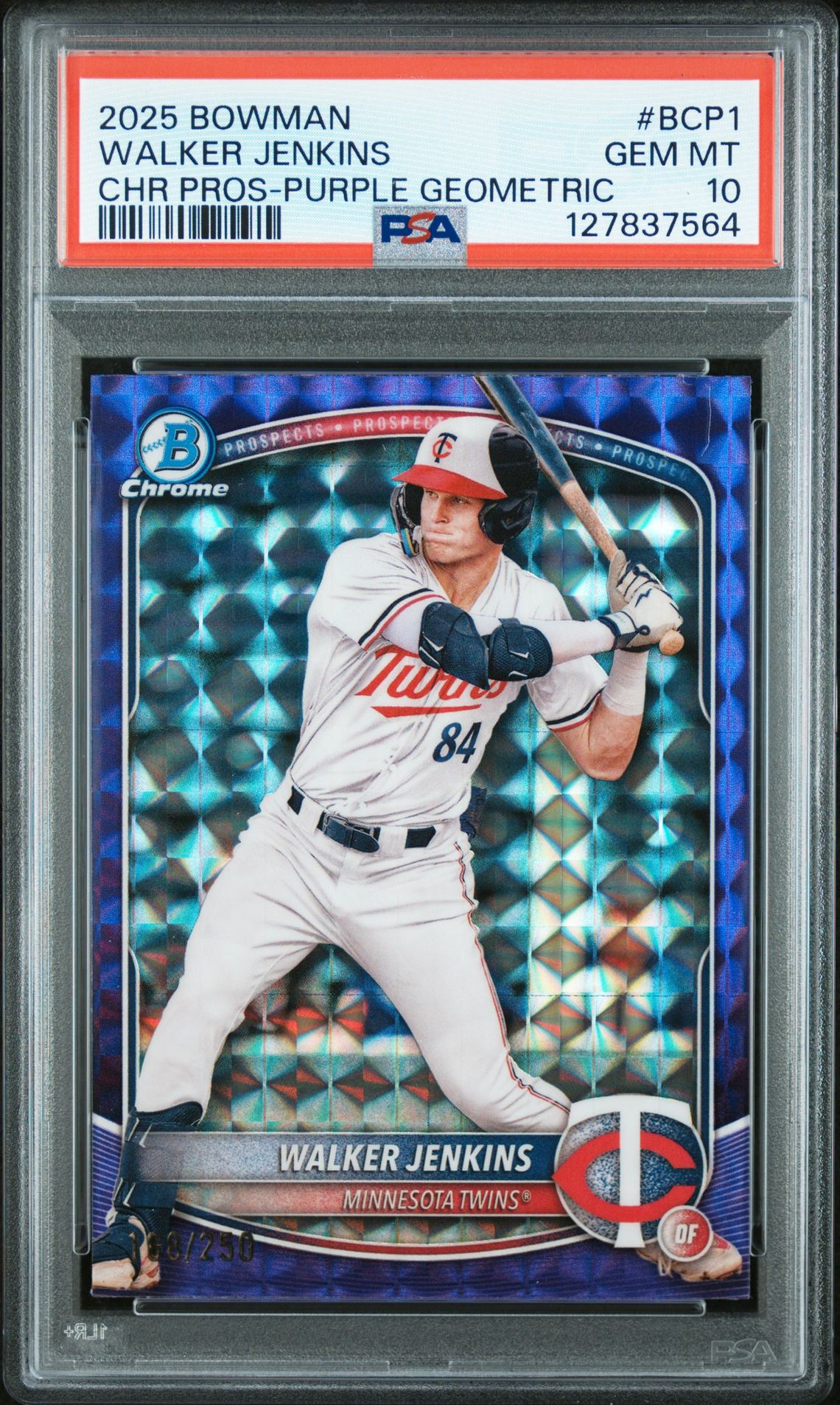 2025 Bowman Chrome Prospects Walker Jenkins #Bcp1 (Chr Pros-Purple Geometric) Gem Mt 10 front
