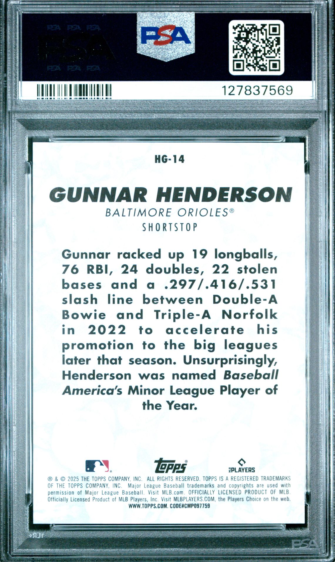 2025 Topps Hidden Gems Gunnar Henderson #Hg14 (Hidden Gems-Citrine) Gem Mt 10 back view - PSA certificate #127837569