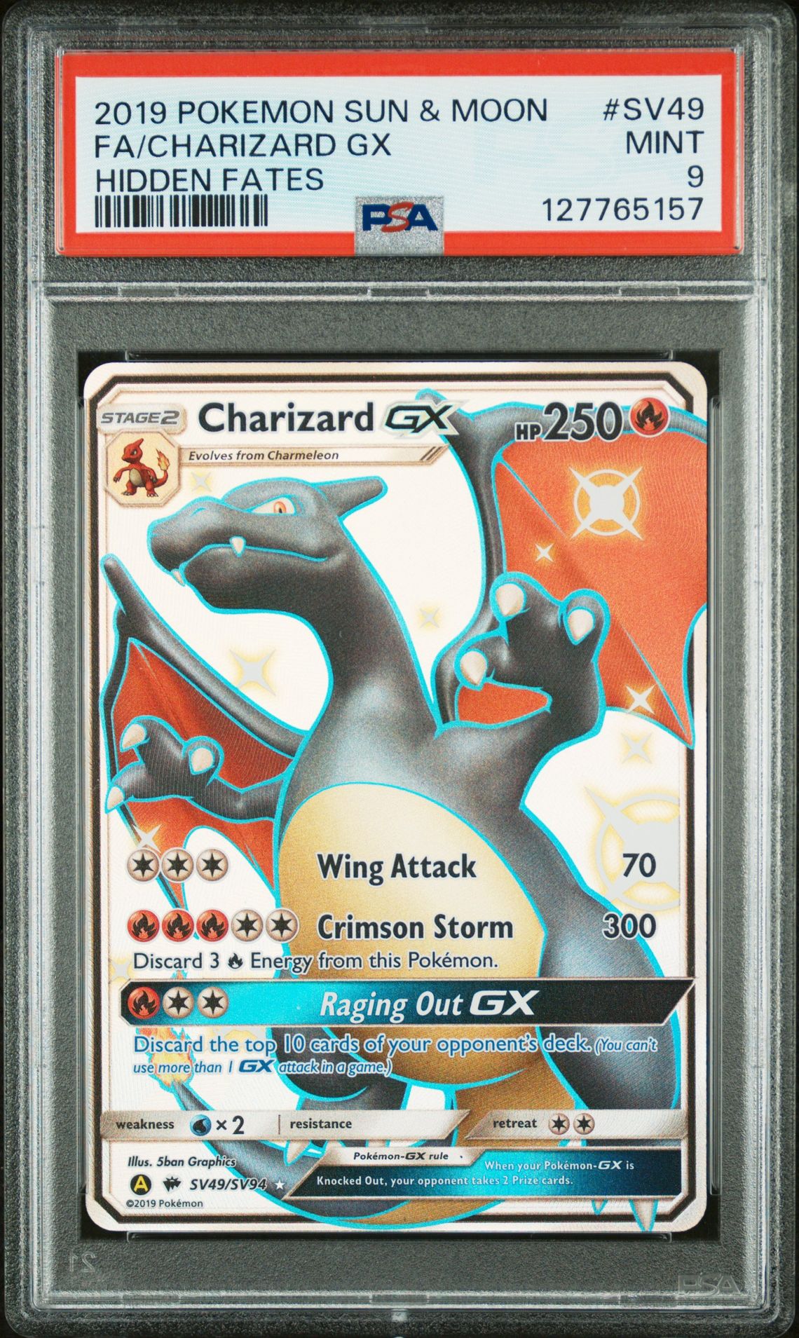 2019 Pokemon Sun & Moon Hidden Fates Fa/Charizard Gx #Sv49 (Hidden Fates) Mint 9 front