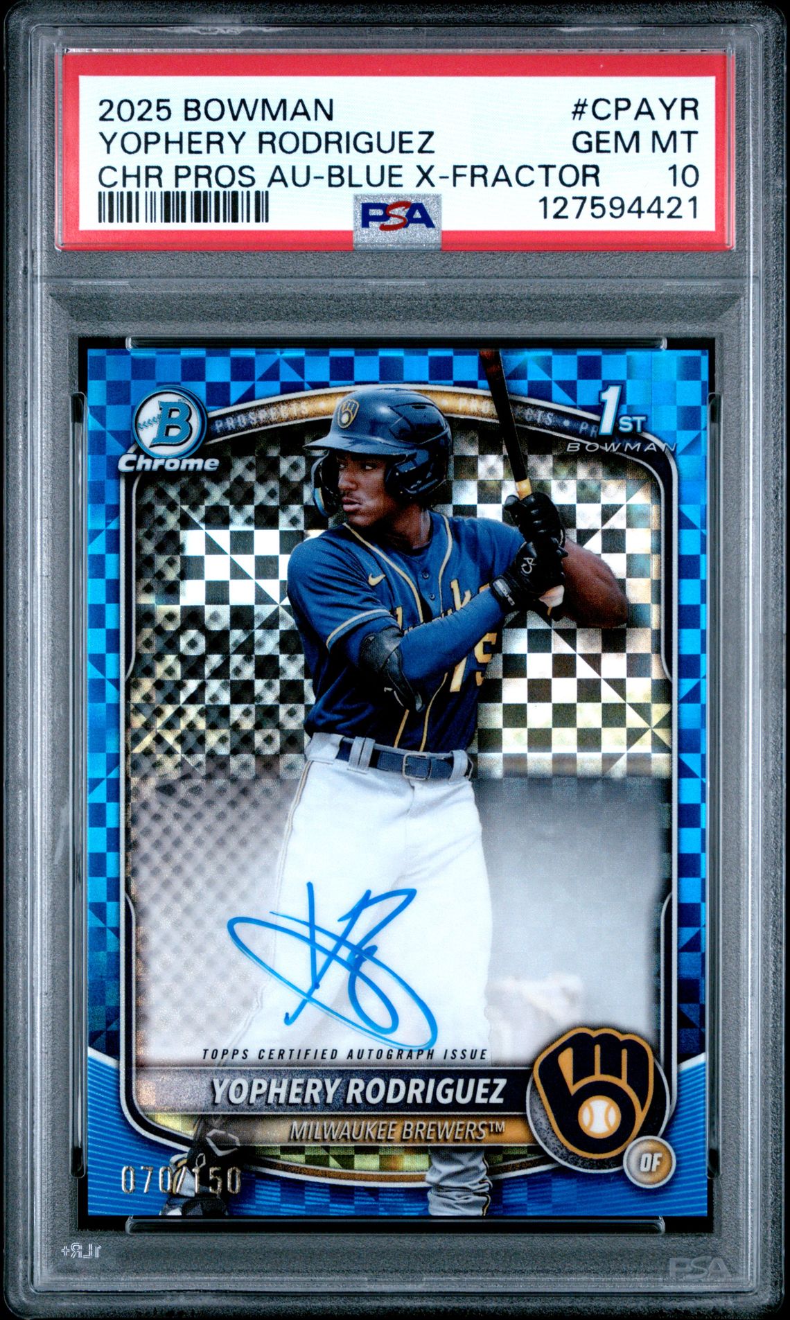2025 Bowman BOWMAN CHROME PROSPECT AUTOGRAPHS CHR PROS AU-BLUE X-FRACTOR #CPAYR Yophery Rodriguez front