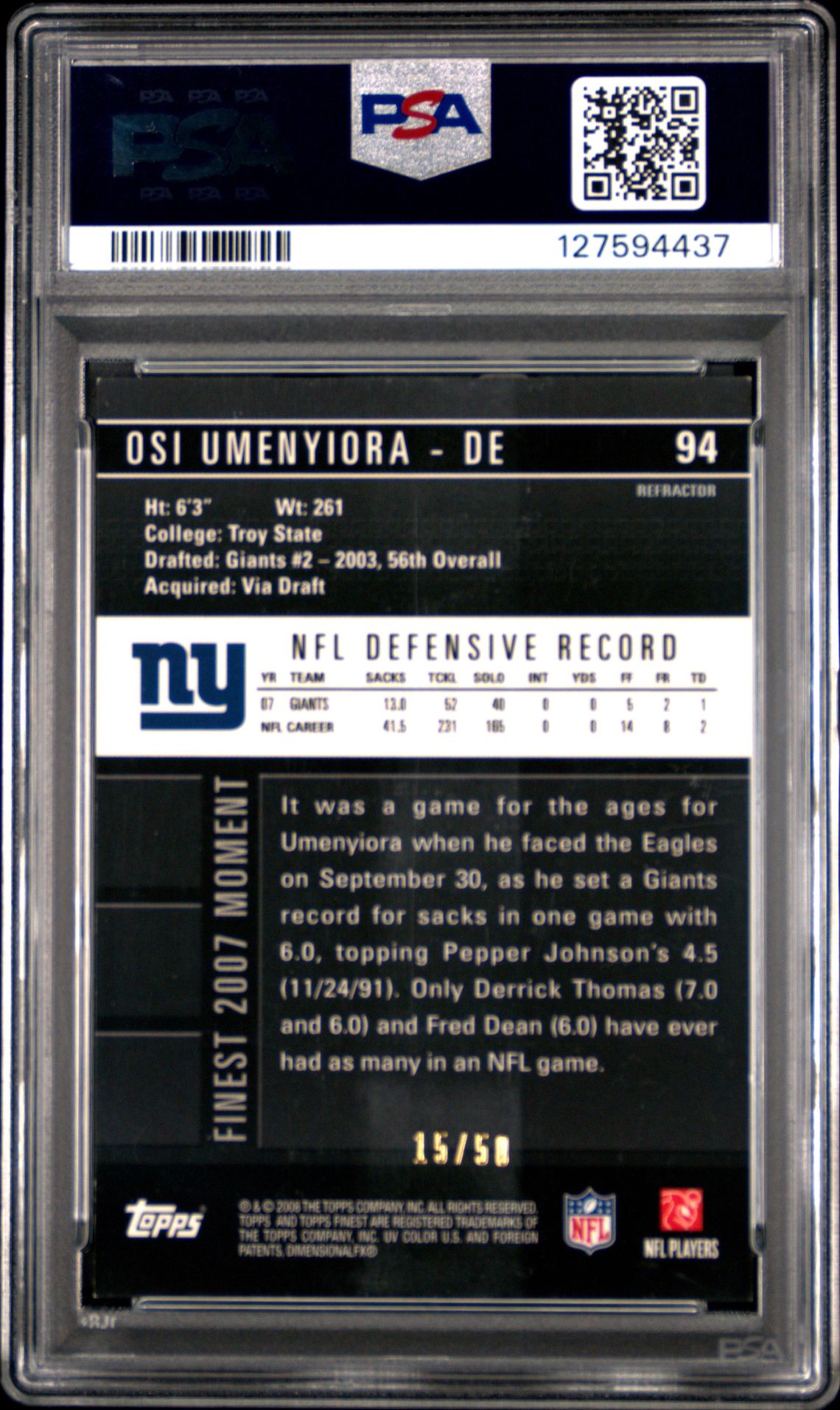 2008 Finest Osi Umenyiora #94 (Gold Refractor) Nm-Mt 8 back