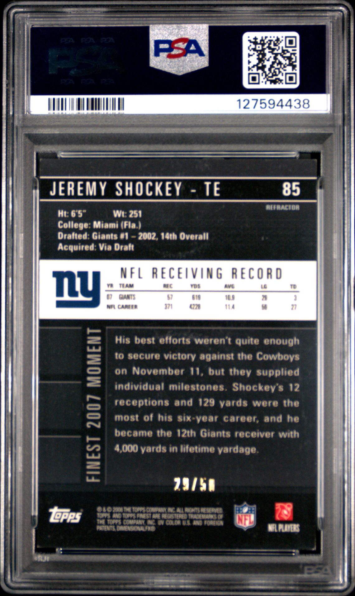 2008 Finest Jeremy Shockey #85 (Gold Refractor) Nm 7 back