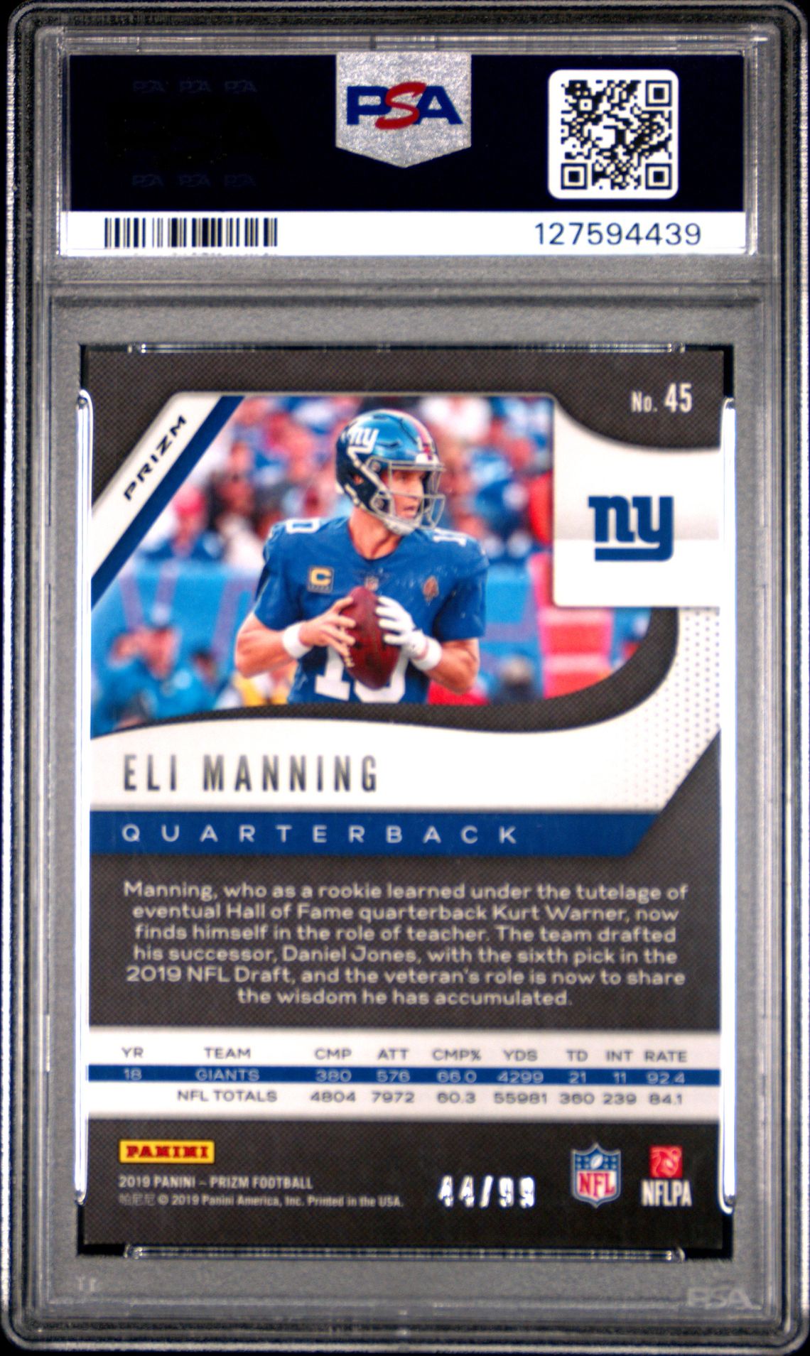 2019 Panini Prizm Eli Manning #45 (Blue Ice) Nm-Mt 8 back