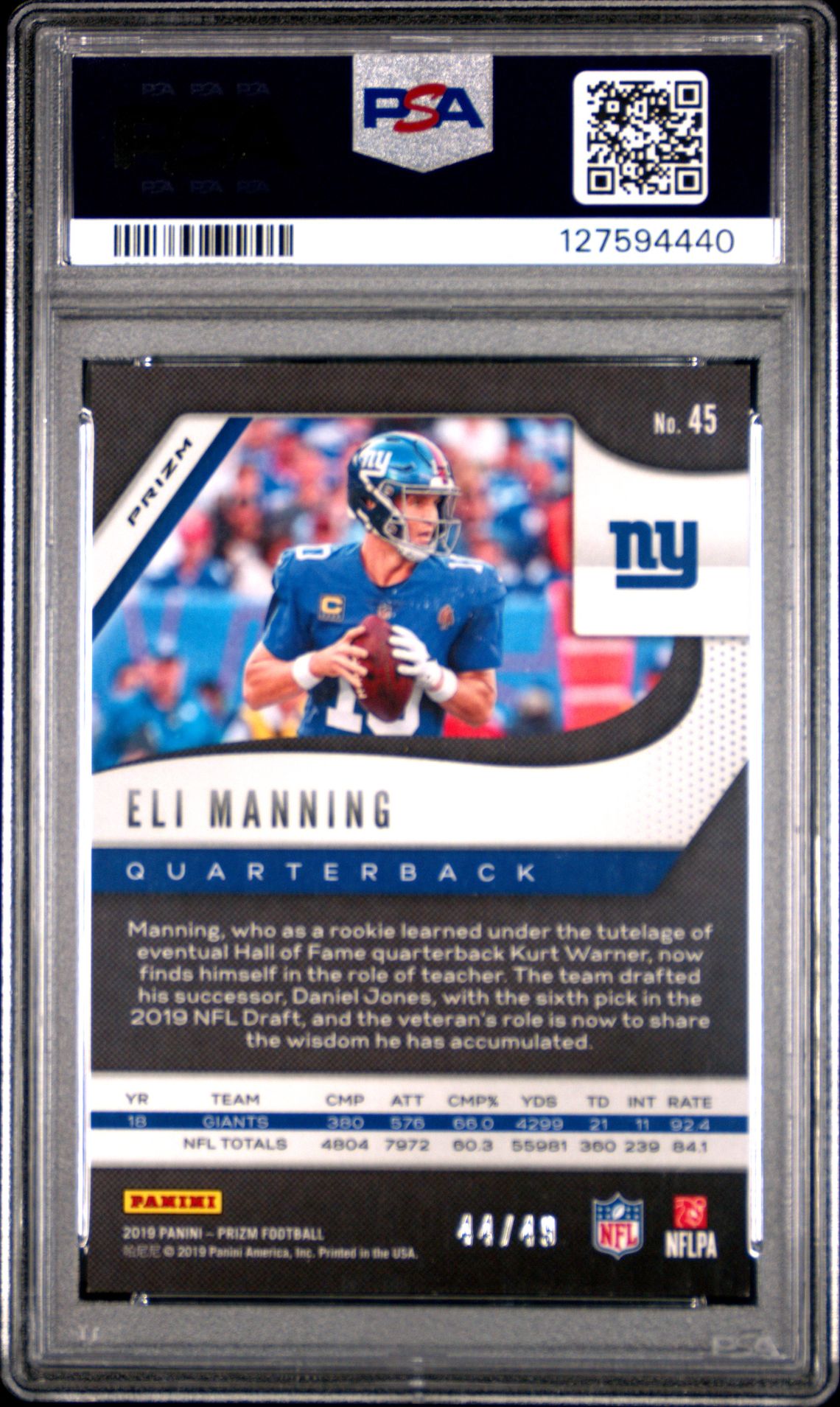 2019 Panini Prizm Eli Manning #45 (Purple Power) Mint 9 back