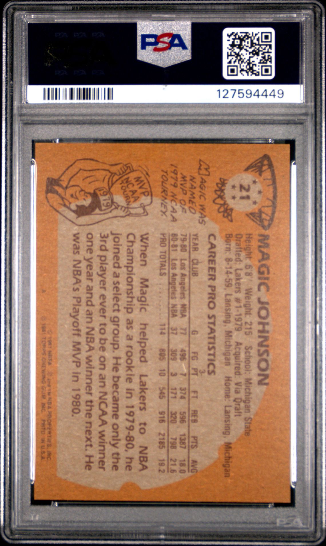 1981 Topps Magic Johnson #21 Nm 7 back