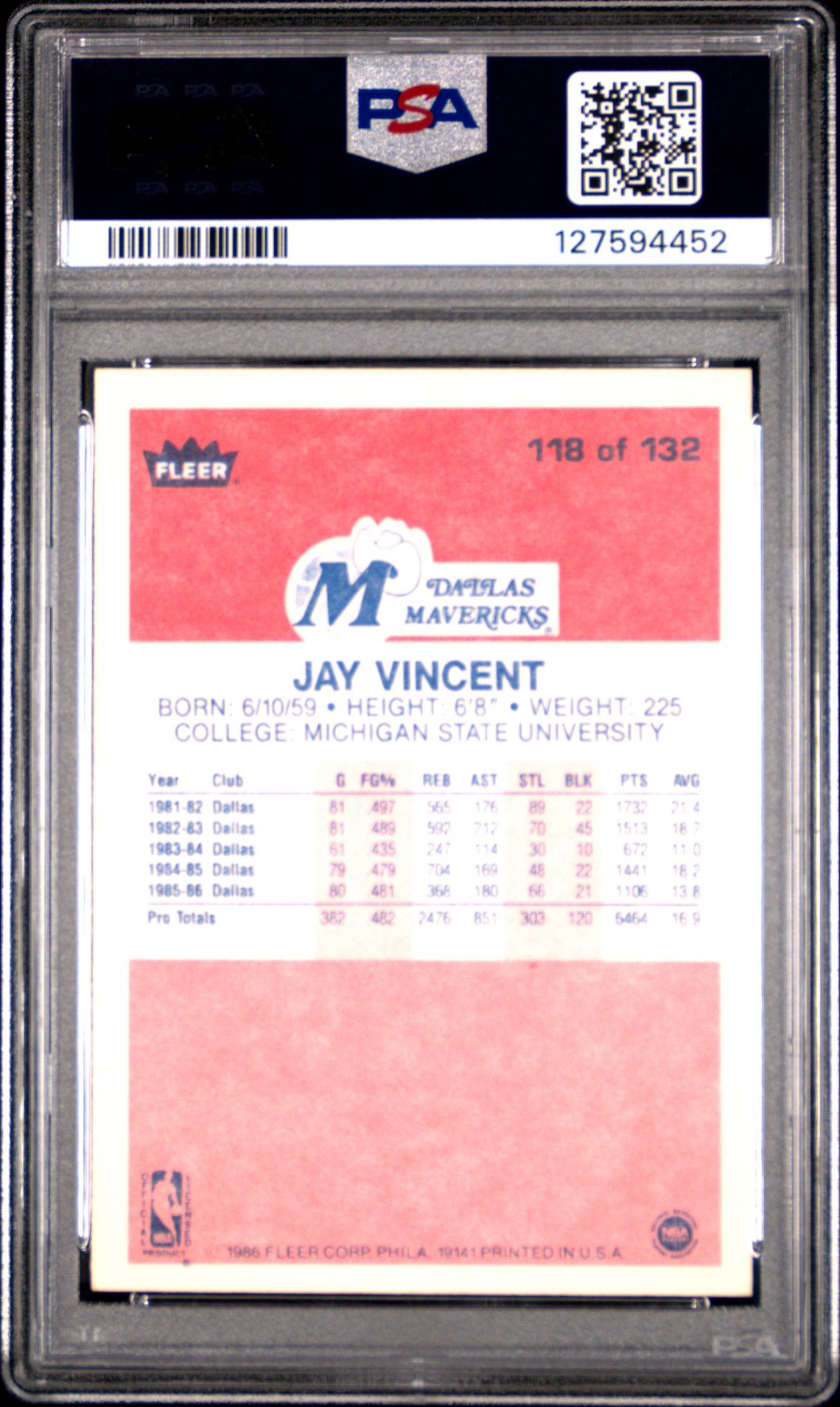 1986 Fleer Jay Vincent #118 Ex-Mt 6 back