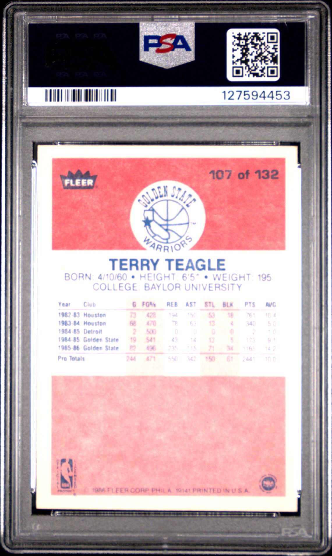 1986 Fleer Terry Teagle #107 Nm-Mt 8 back