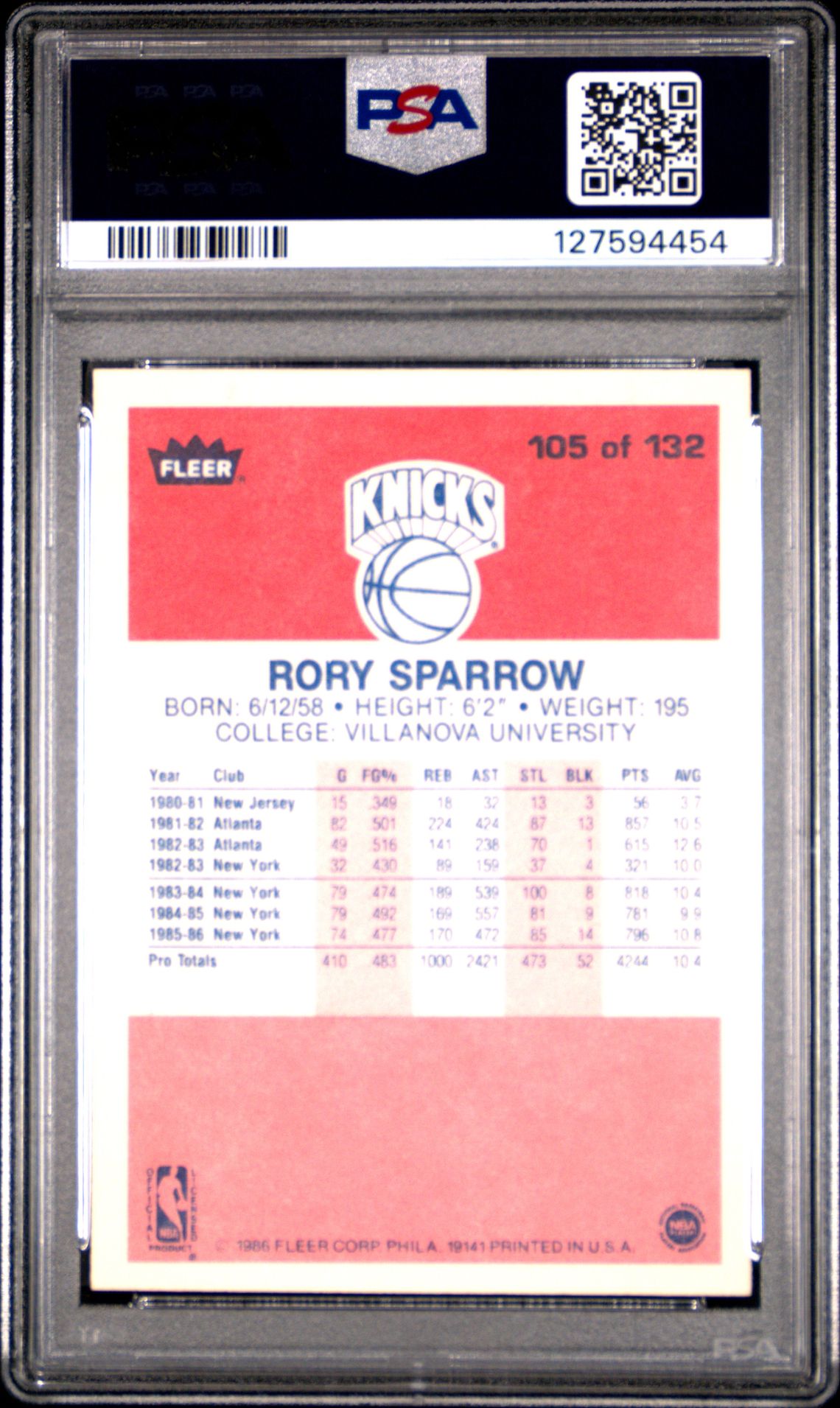 1986 Fleer Rory Sparrow #105 Mint 9 back