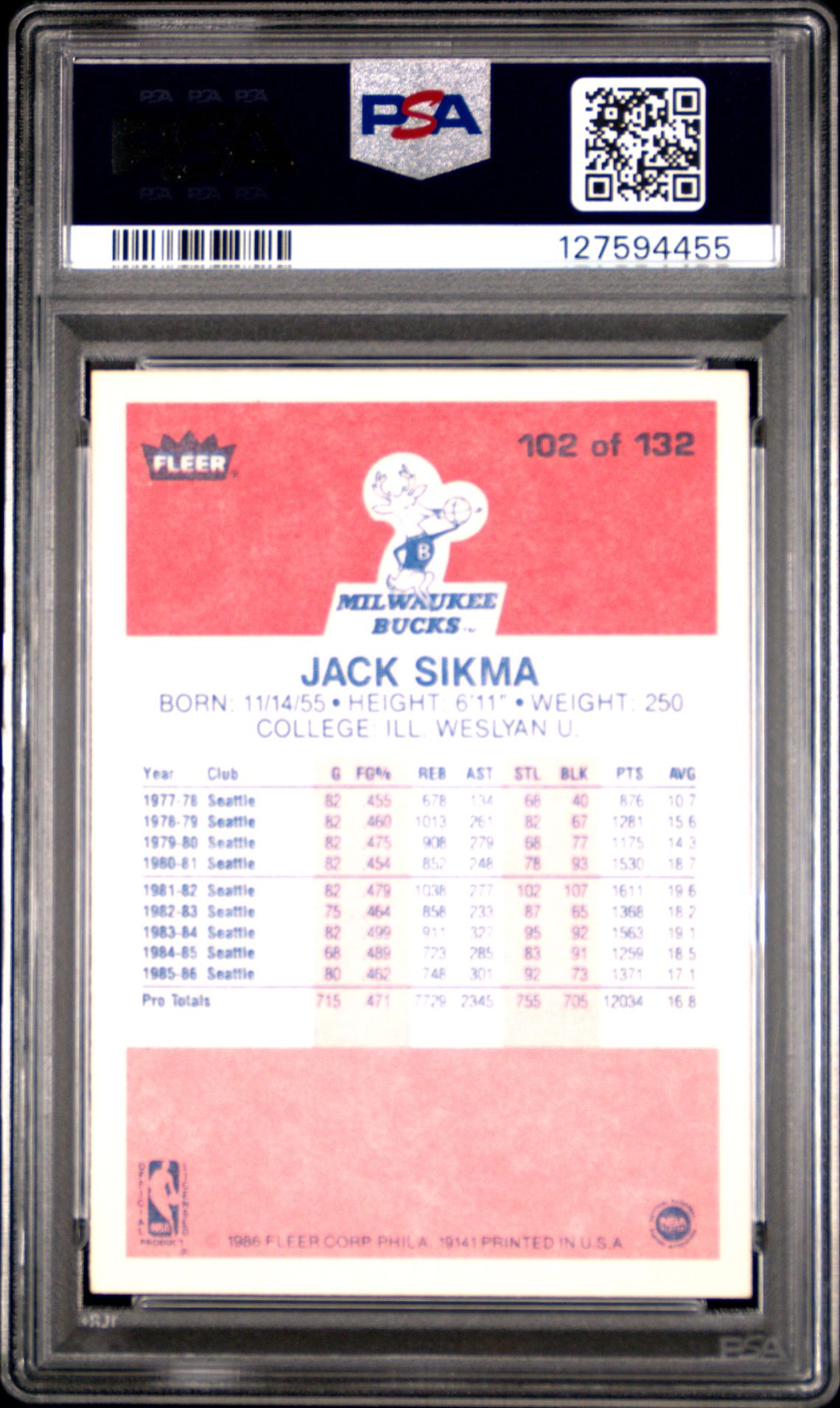 1986 Fleer Jack Sikma #102 Nm 7 back