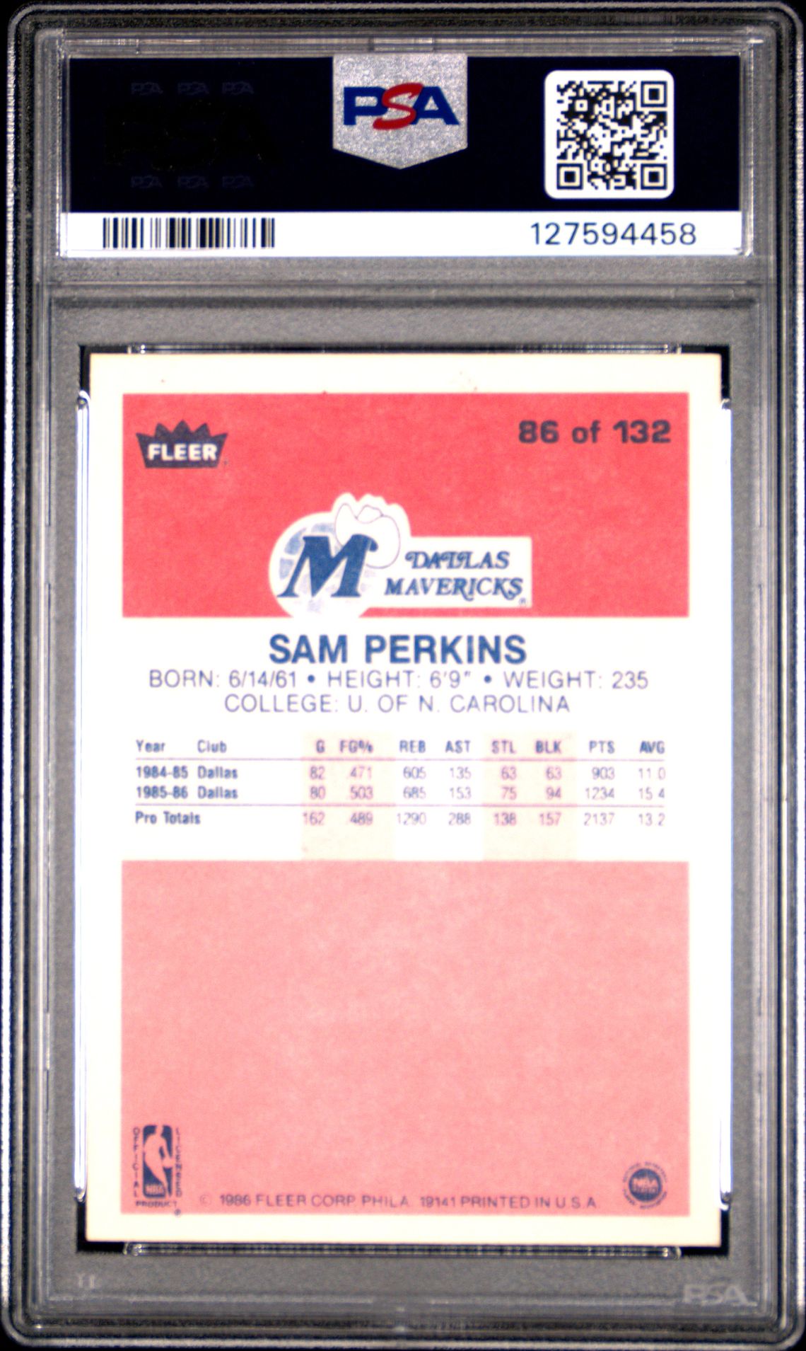 1986 Fleer Sam Perkins #86 Nm 7 back