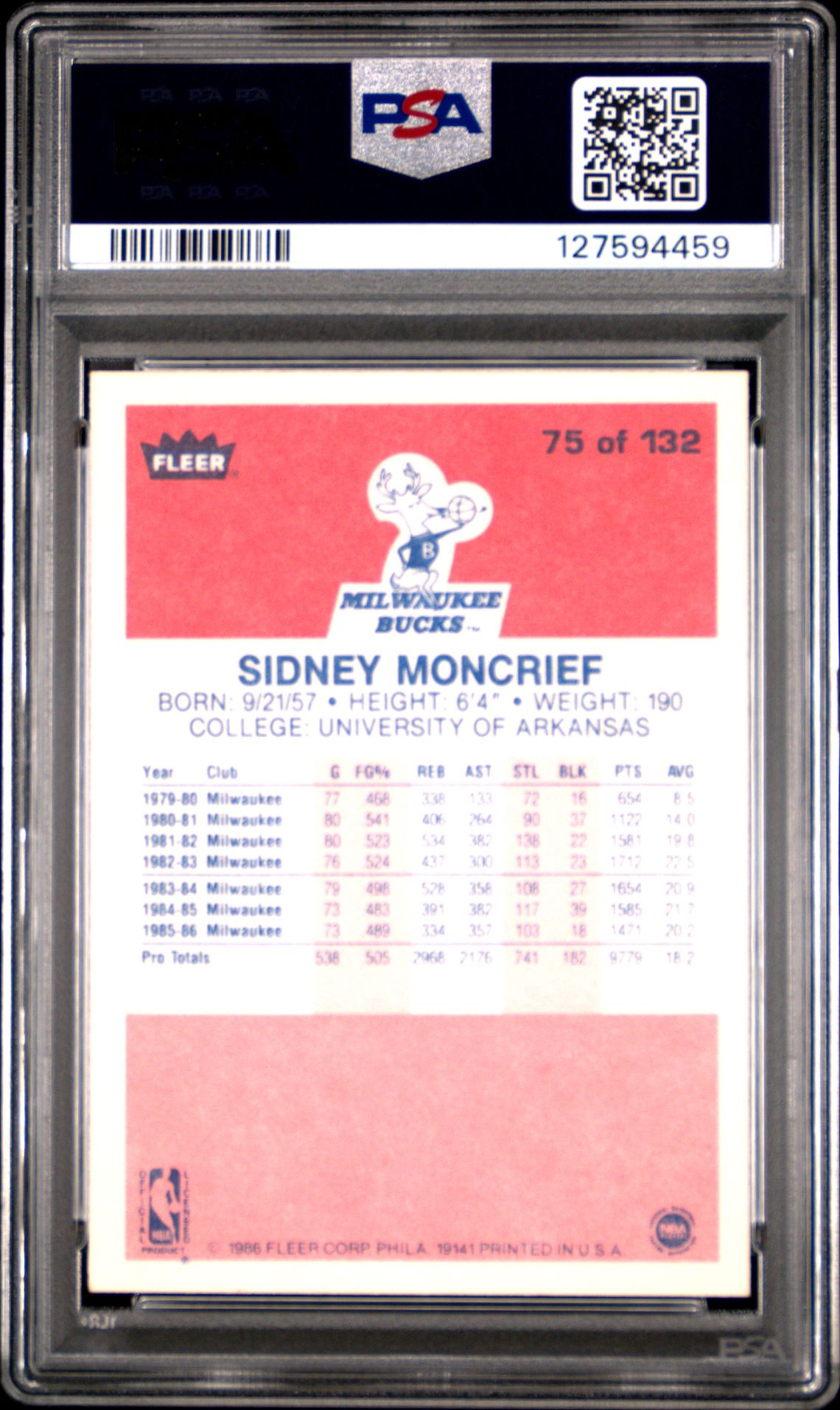 1986 Fleer Sidney Moncrief #75 Mint 9 back