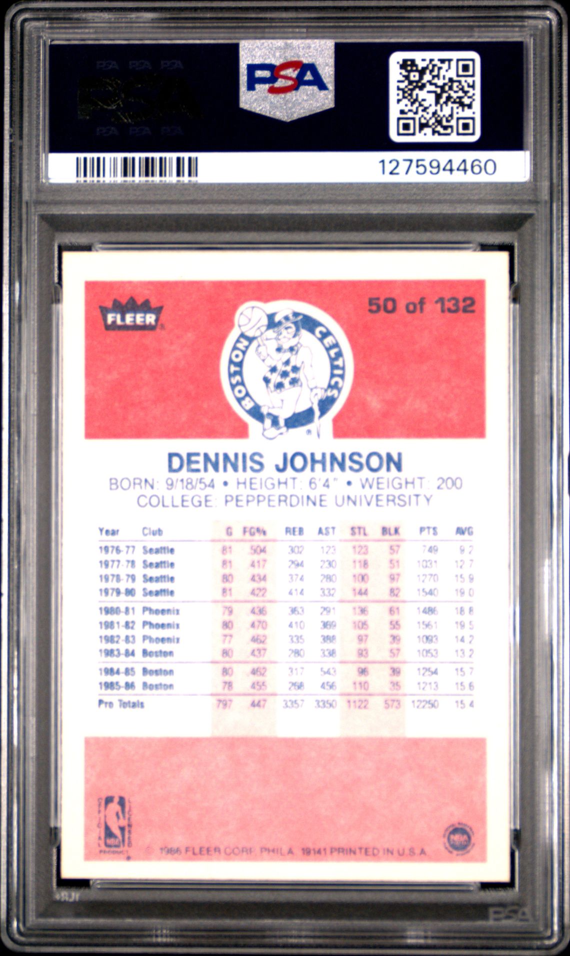 1986 Fleer Dennis Johnson #50 Mint 9 back