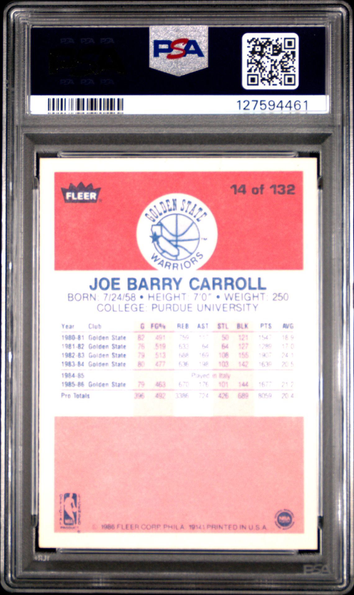 1986 Fleer Joe Barry Carroll #14 Nm-Mt 8 back