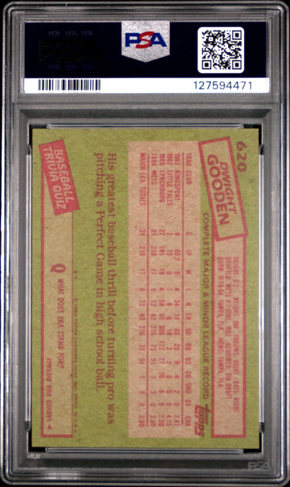 1985 Topps Dwight Gooden #620 Mint 9 back