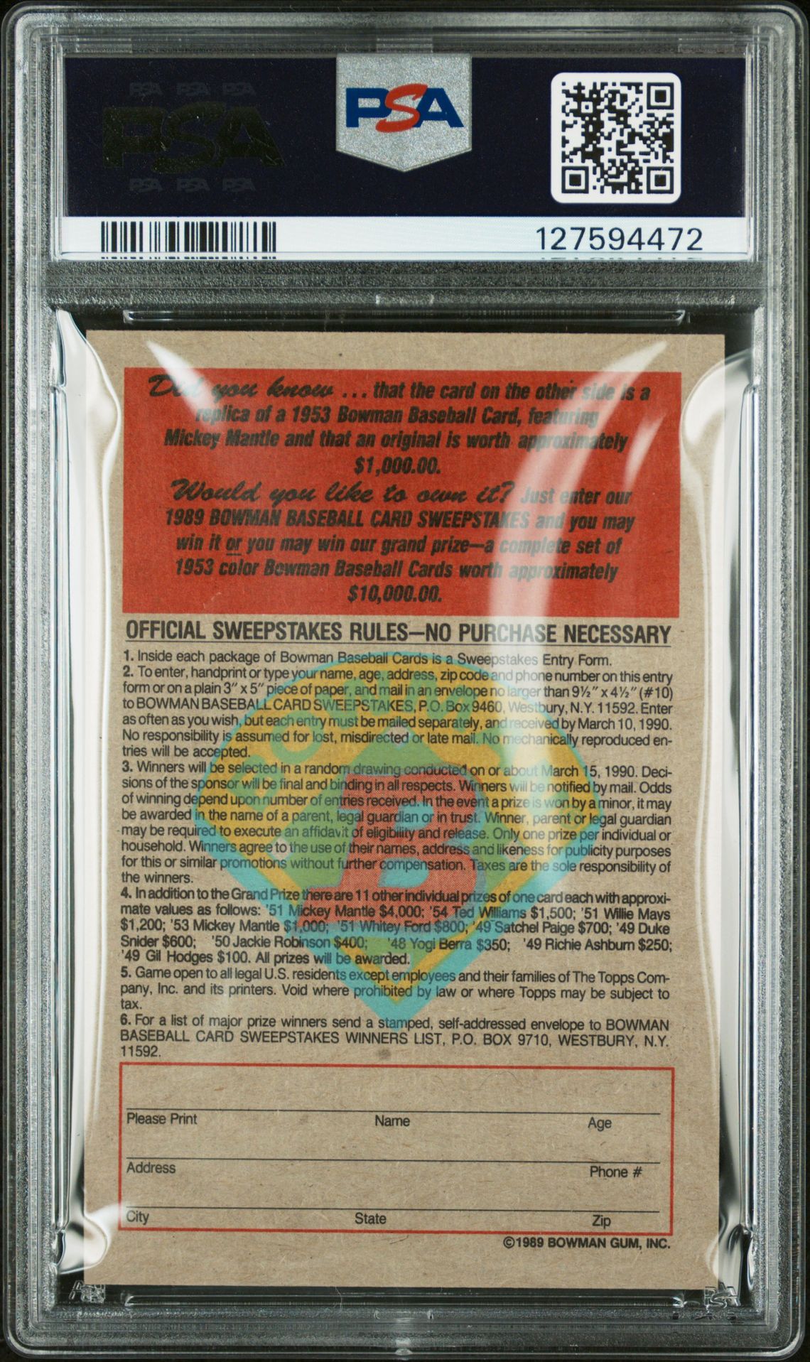 1989 Bowman Inserts Mickey Mantle (1953 Reprint) Nm-Mt 8 back