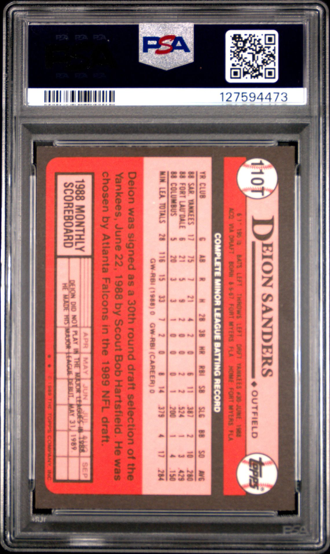 1989 Topps Traded Deion Sanders #110T Gem Mt 10 back