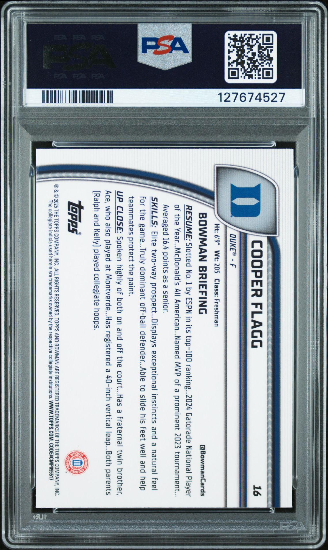 2024 Bowman Chrome University Cooper Flagg #16 (X-Fractor) Gem Mt 10 back